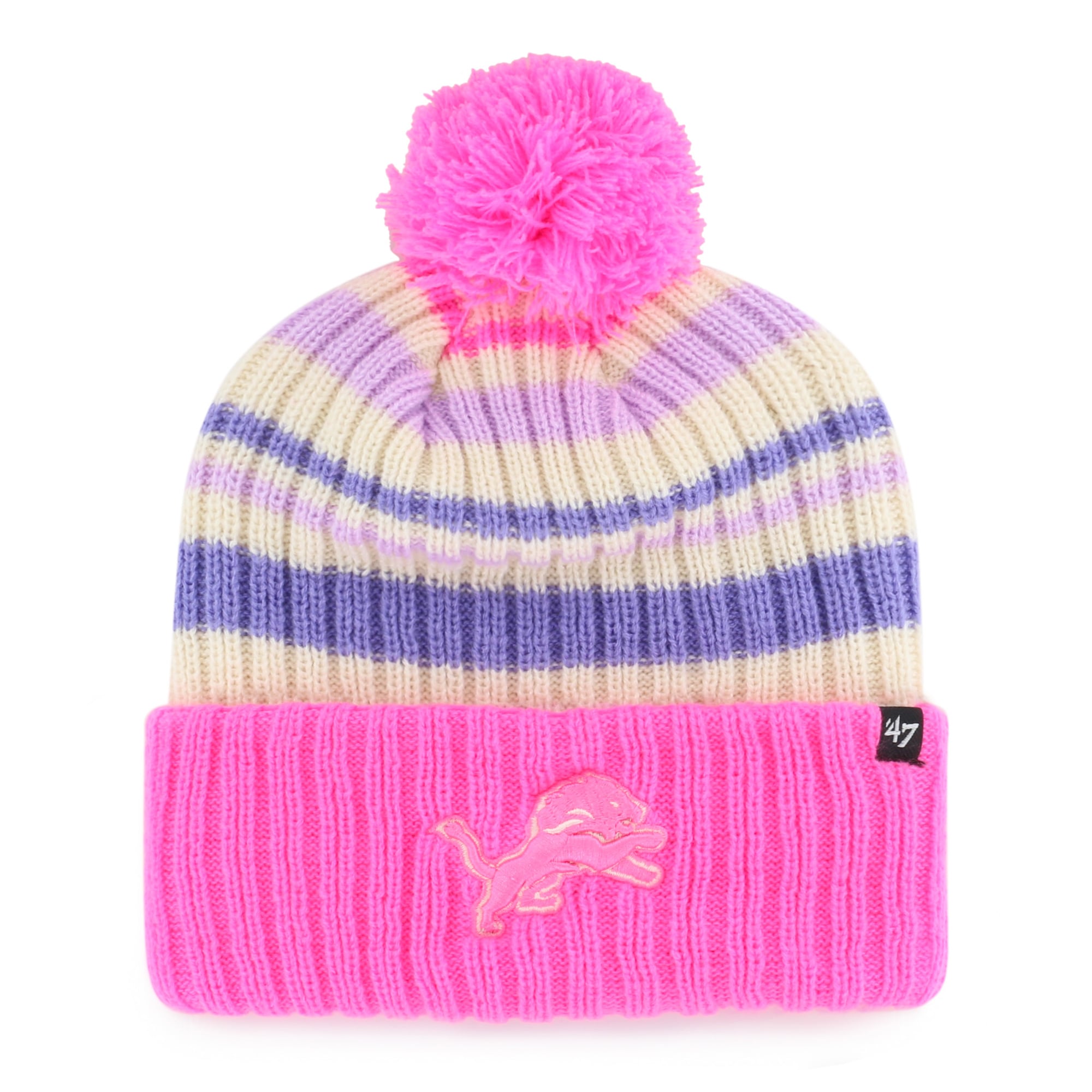 Bonnet tricoté à revers « Fort de neige » rose Detroit Lions pour enfant, modèle 47, avec pompon