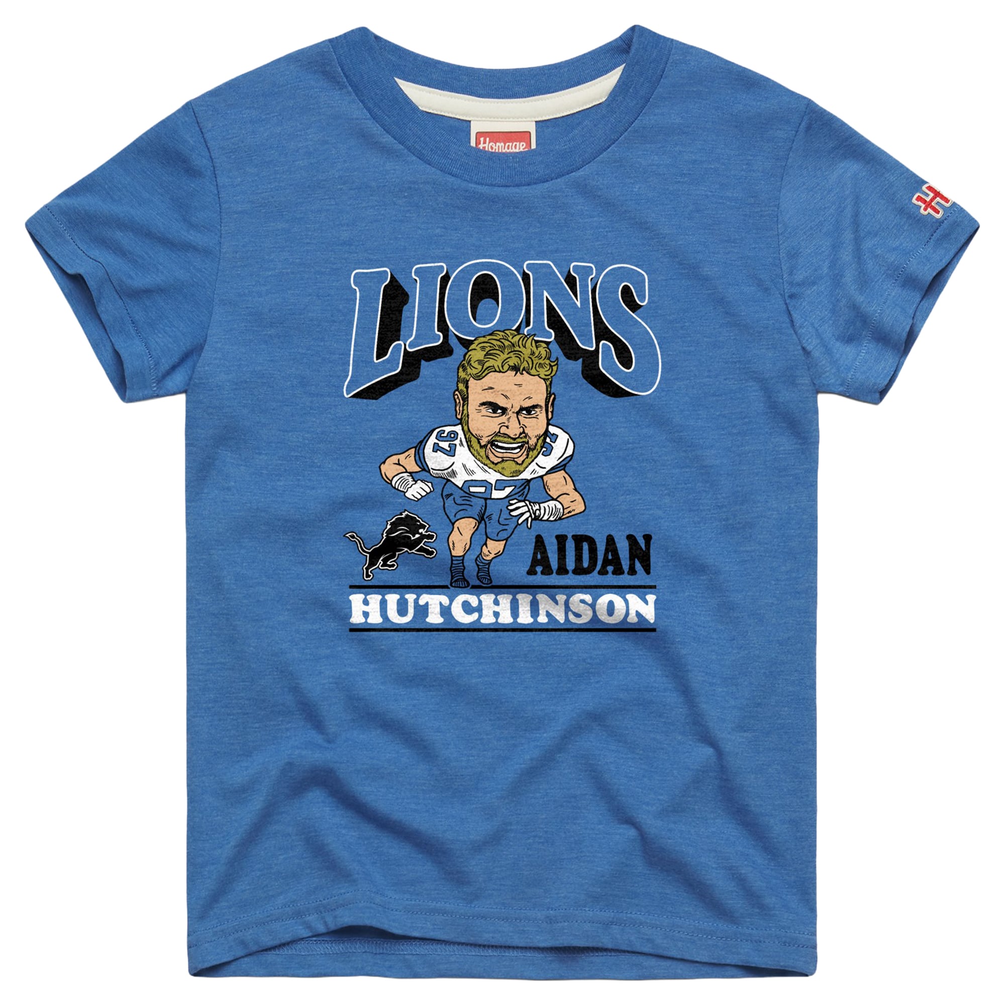 T-shirt hommage jeunesse Aidan Hutchinson, caricature des Lions de Détroit bleus
