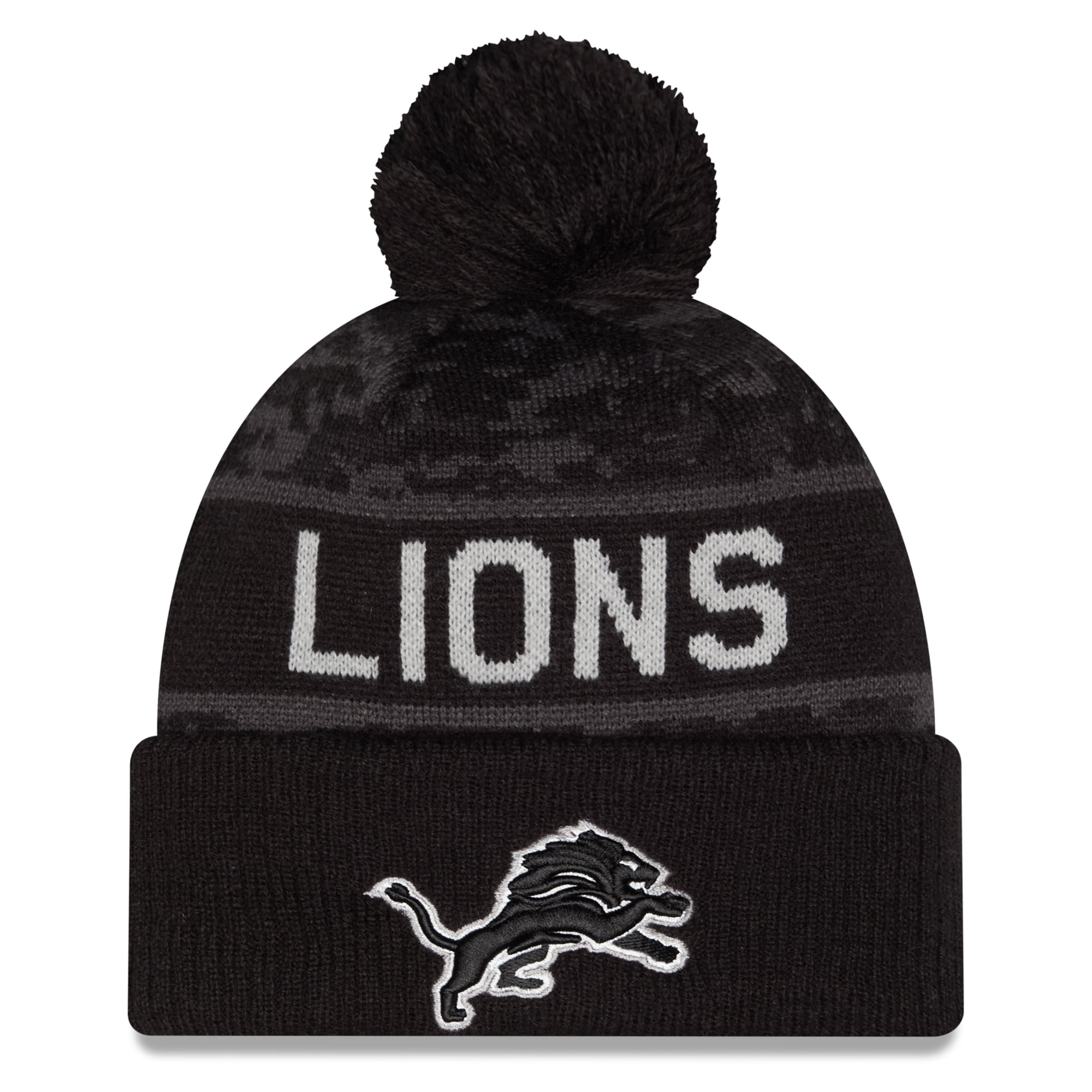 Bonnet à revers New Era noir Detroit Lions 2026 Salute To Service pour jeunes, avec pompon