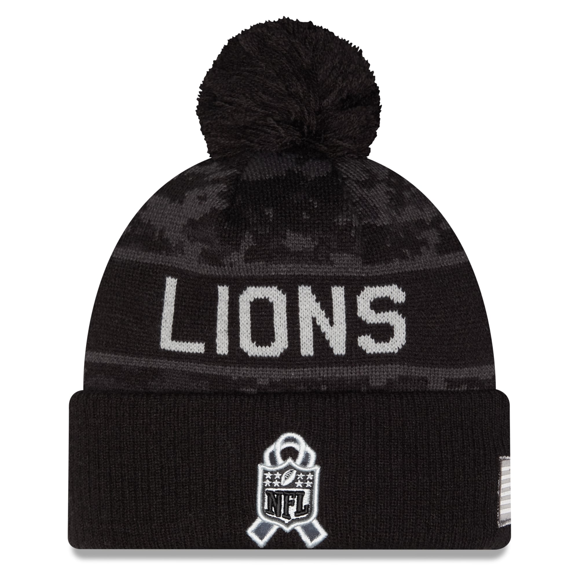 Bonnet à revers New Era noir Detroit Lions 2026 Salute To Service pour jeunes, avec pompon