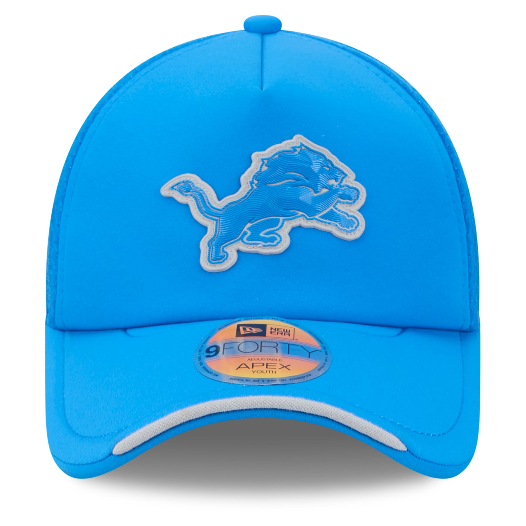 Youth New Era Blue Detroit Lions 2026 Sideline Apex 9FORTY Adjustable Trucker Hat
