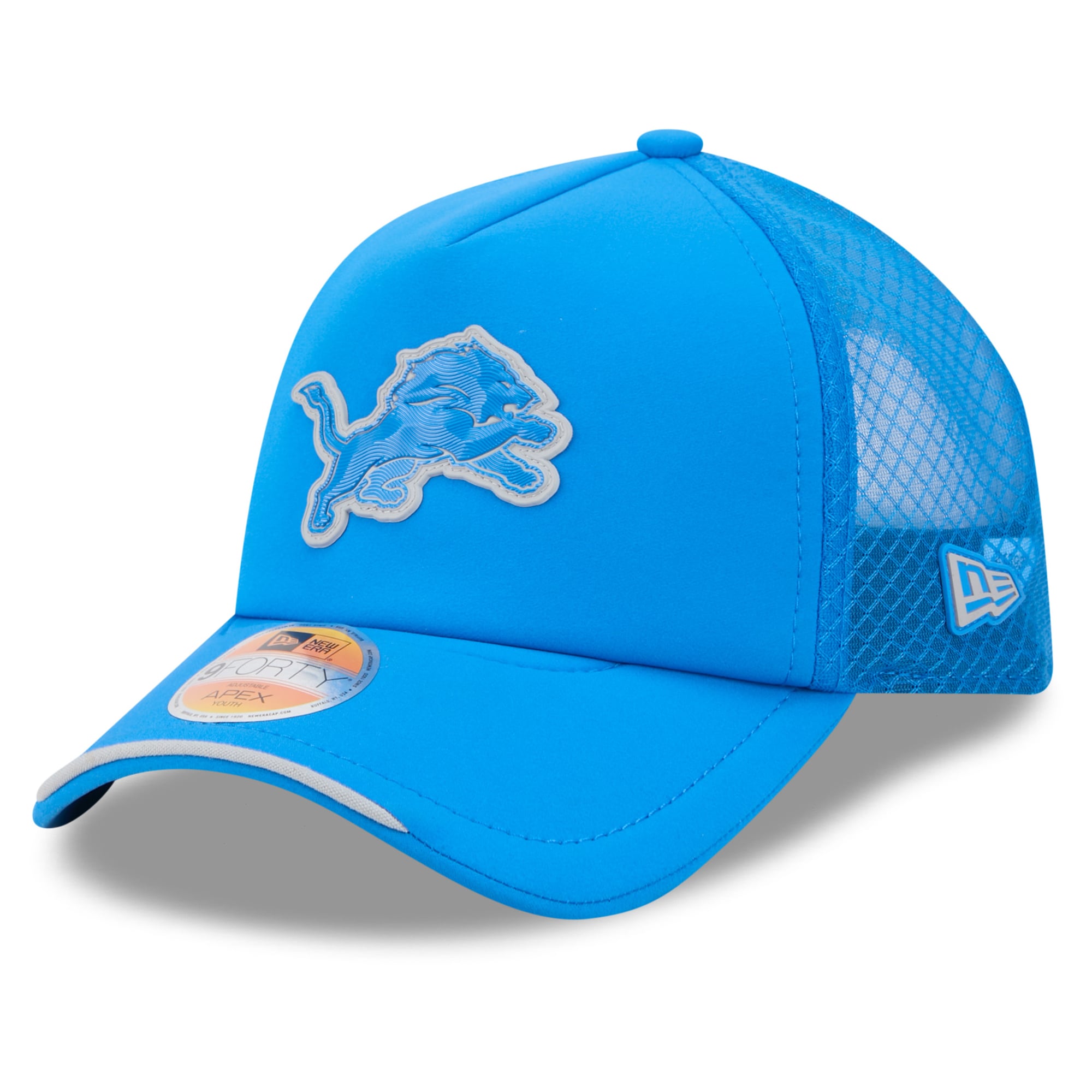 Youth New Era Blue Detroit Lions 2026 Sideline Apex 9FORTY Adjustable Trucker Hat