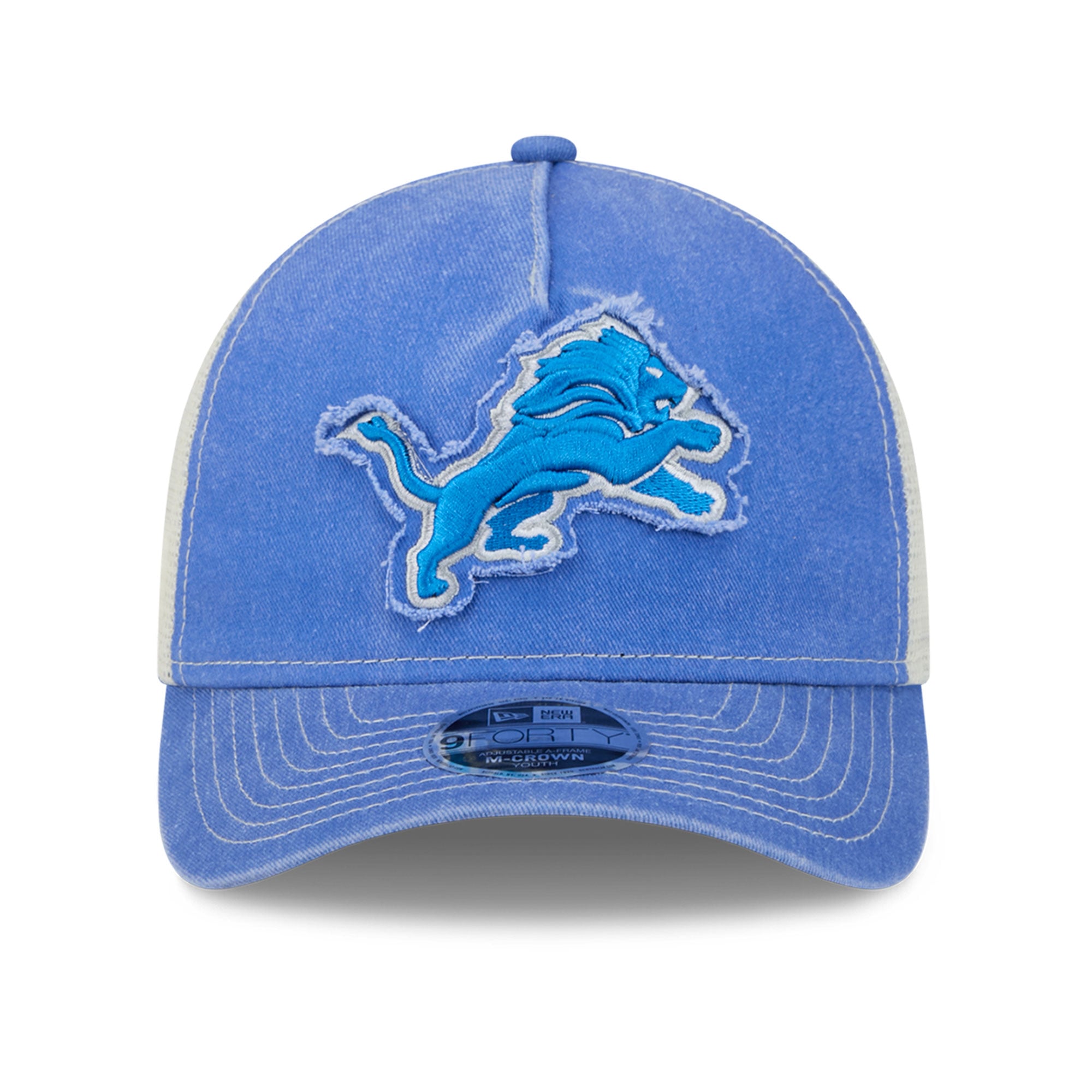 Casquette trucker ajustable New Era bleue Detroit Lions 9FORTY A-Frame M-Crown pour jeunes fans des Lions de Détroit