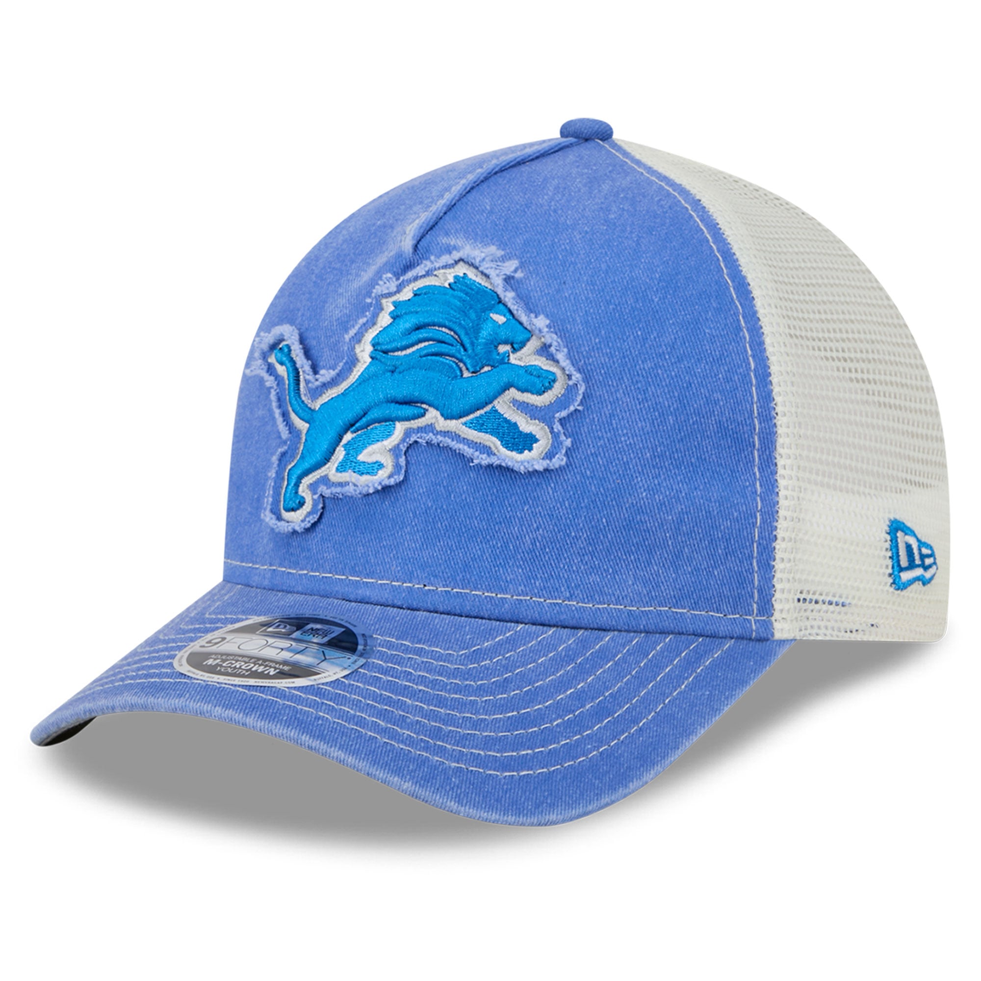 Casquette trucker ajustable New Era bleue Detroit Lions 9FORTY A-Frame M-Crown pour jeunes fans des Lions de Détroit