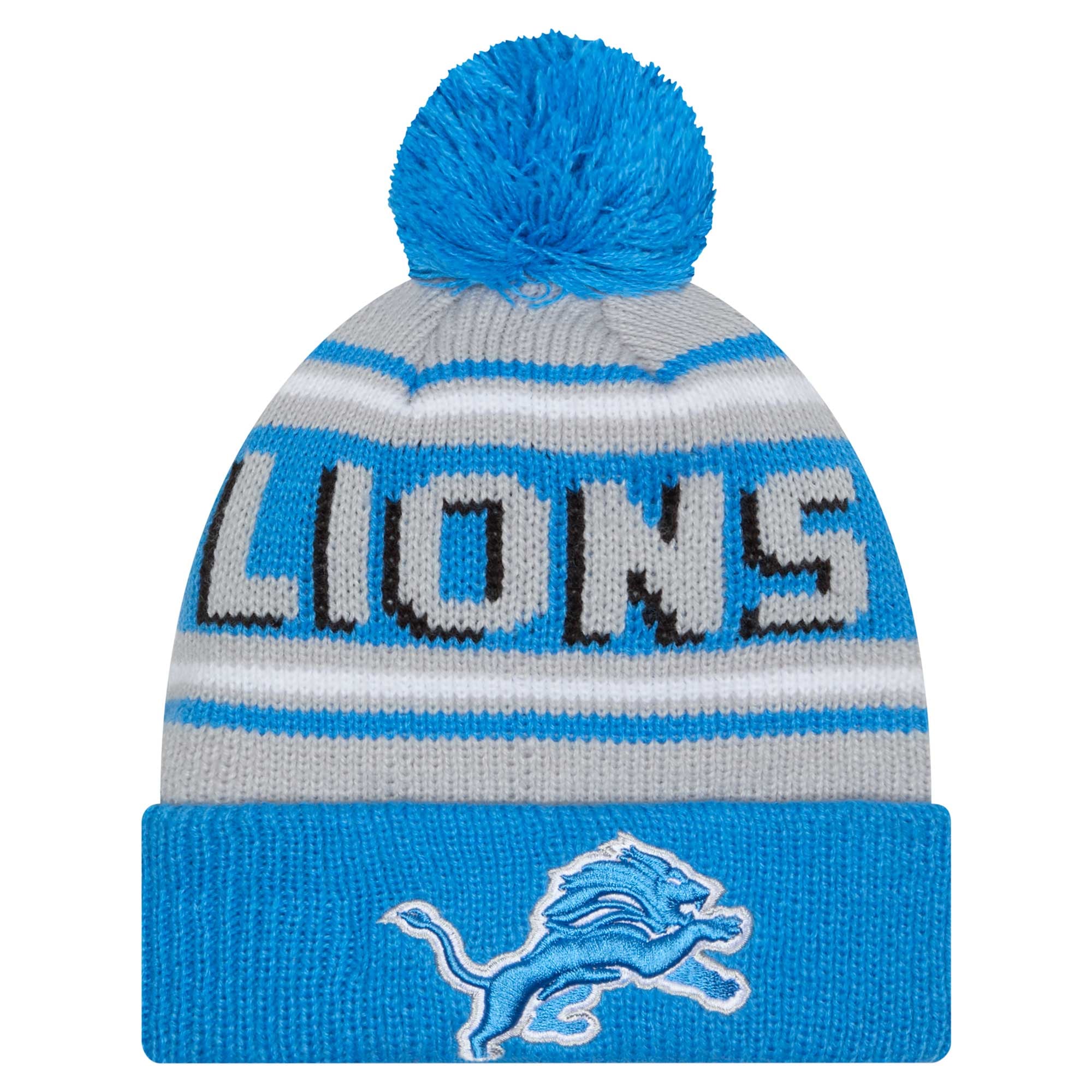 Bonnet tricoté à revers bleu Detroit Lions pour jeune New Era avec pompon