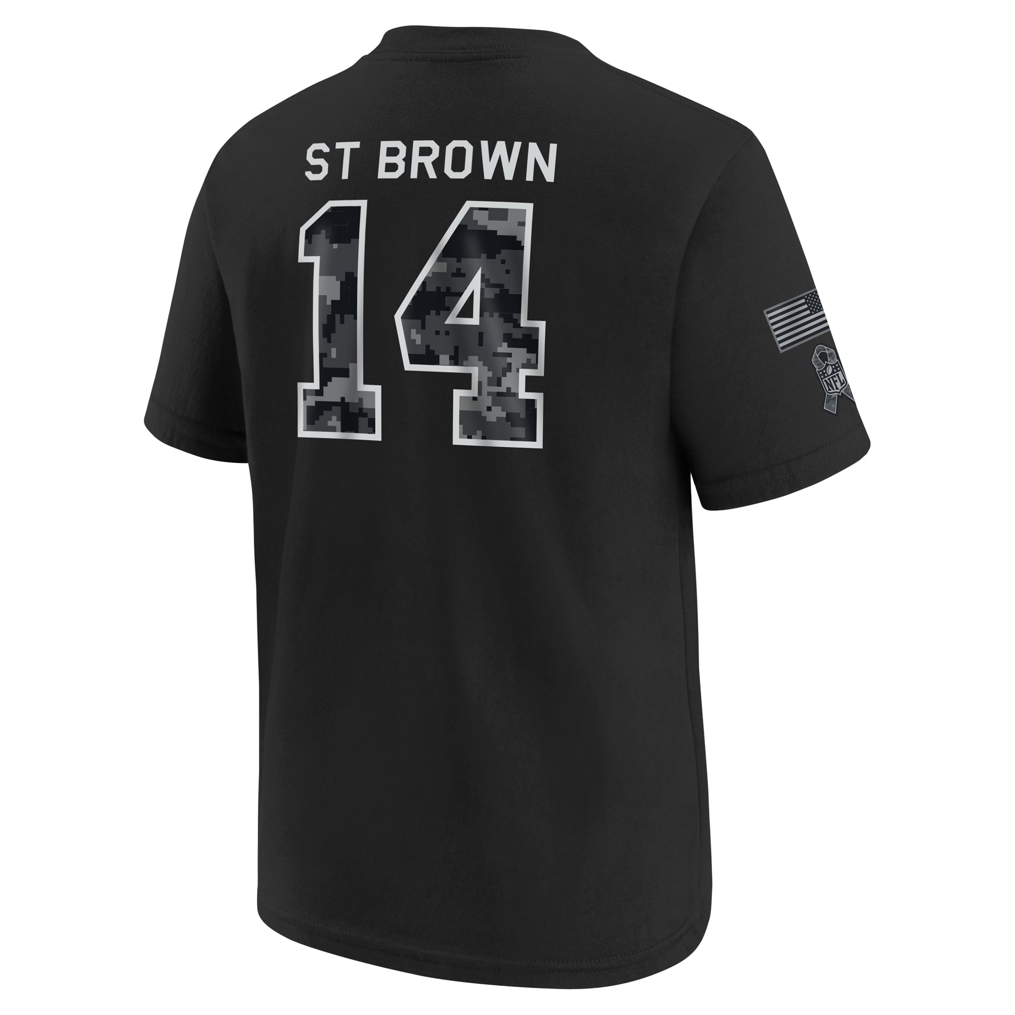T-shirt Nike Amon-Ra St. Brown Black Detroit Lions 2026 Salute to Service pour jeunes, avec nom et numéro