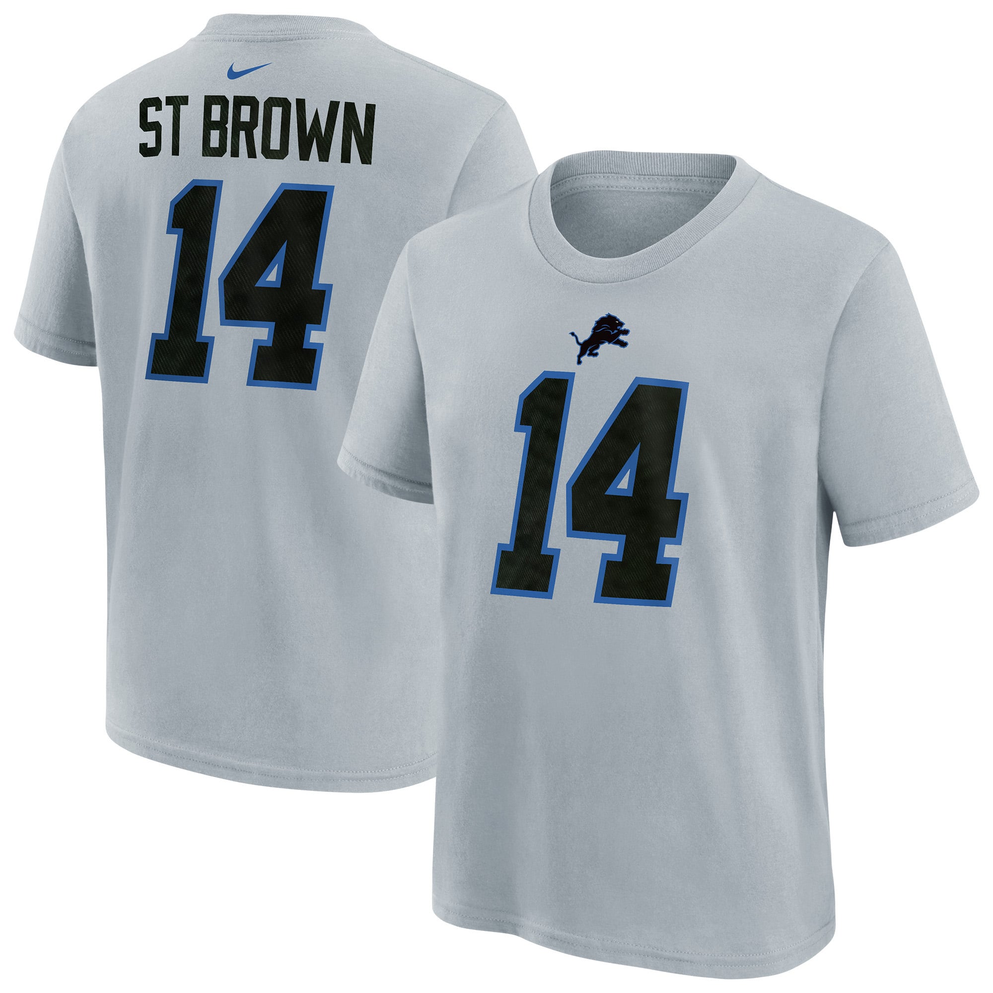 Youth Nike Amon-Ra St. Brown Silver Detroit Lions 2026 Rivalries Collection Name & Number T-Shirt