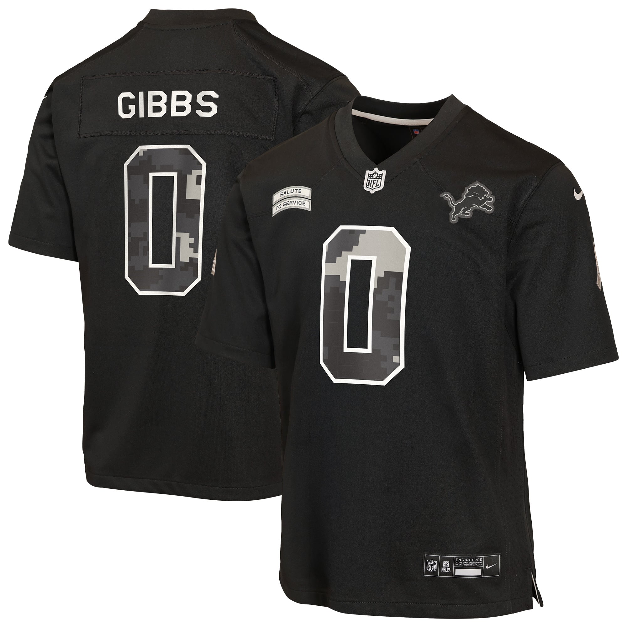 Maillot Nike Jahmyr Gibbs noir pour enfant, Detroit Lions, match Salute to Service 2026
