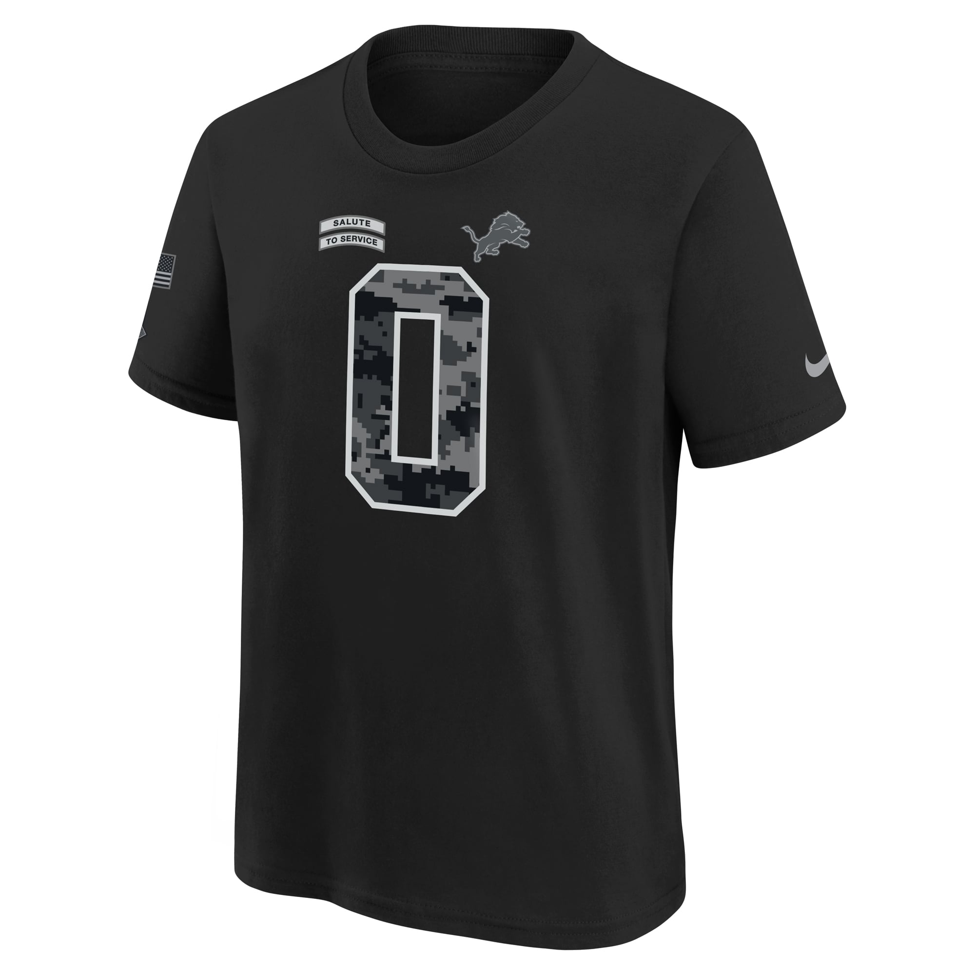 T-shirt Nike Jahmyr Gibbs noir Detroit Lions 2026 Salute to Service pour jeunes, nom et numéro