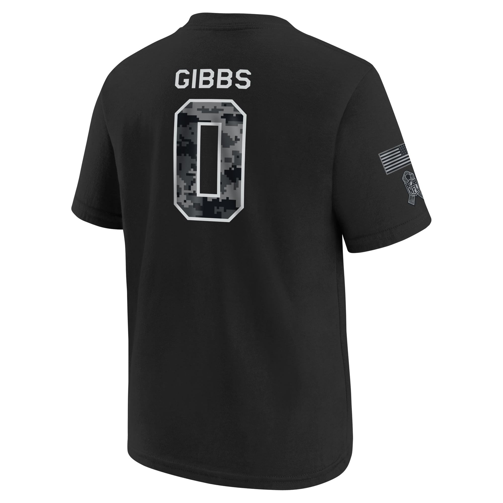 T-shirt Nike Jahmyr Gibbs noir Detroit Lions 2026 Salute to Service pour jeunes, nom et numéro