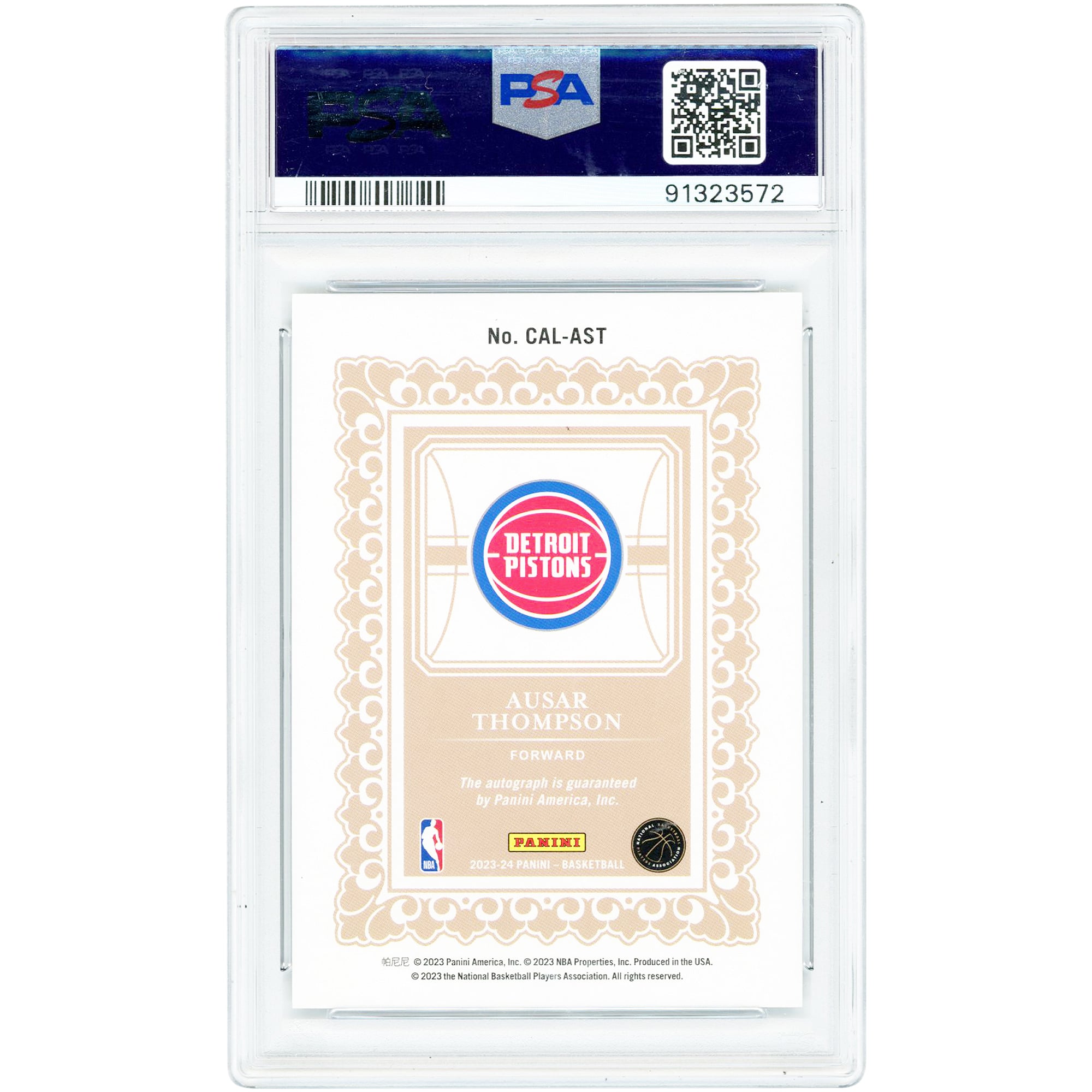 Ausar Thompson Detroit Pistons Autographed 2023-24 Panini Revolution Calligraphy Signatures #CAL-AST PSA Authenticated 9 Rookie Card
