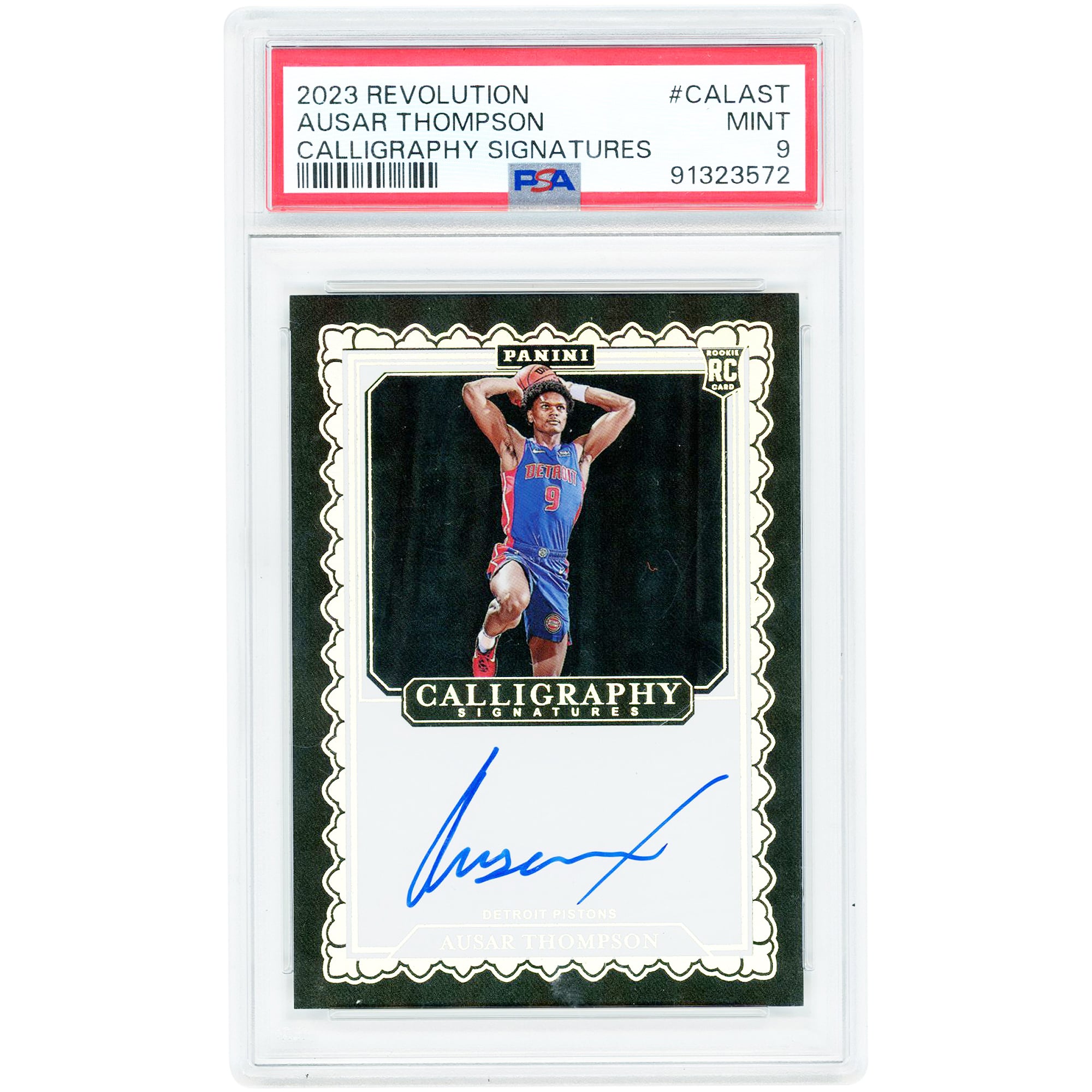Ausar Thompson Detroit Pistons Autographed 2023-24 Panini Revolution Calligraphy Signatures #CAL-AST PSA Authenticated 9 Rookie Card