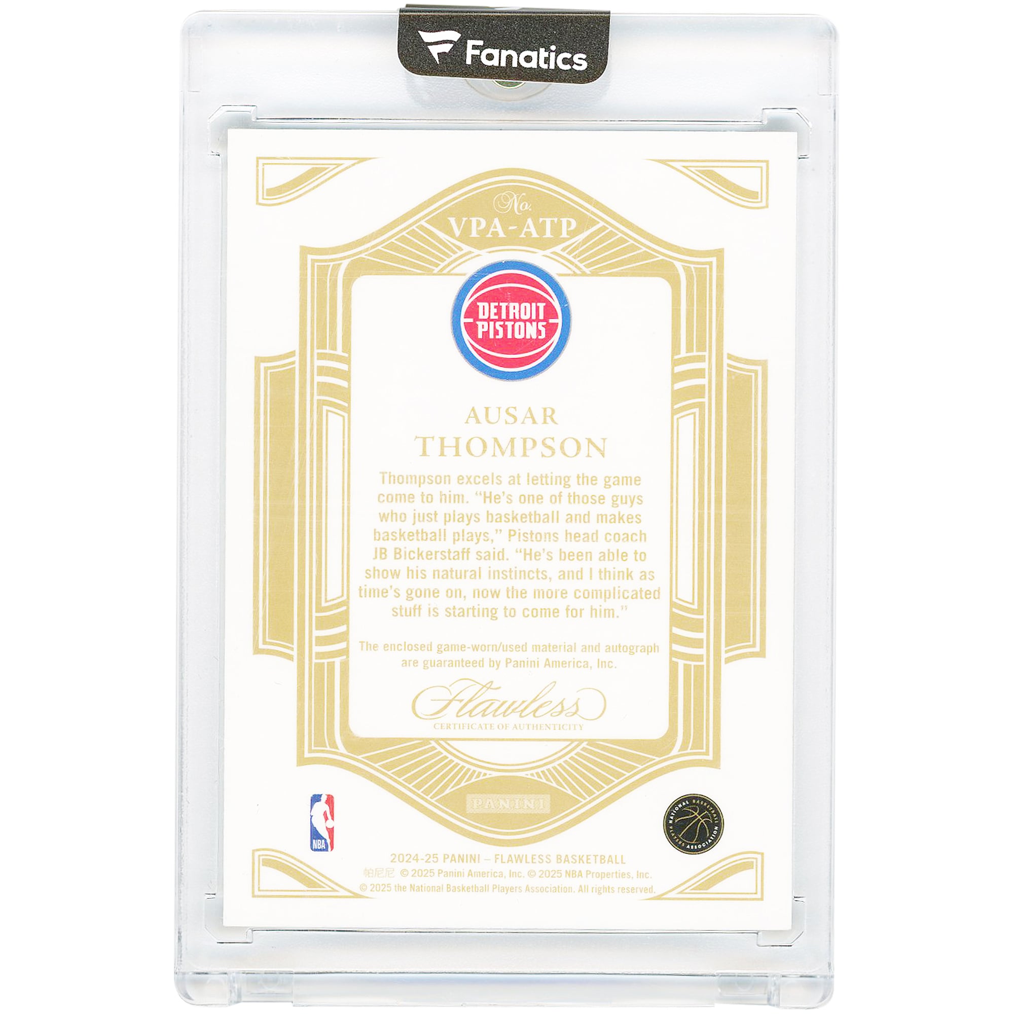 Carte Panini Flawless Game Used Logo Relic Emerald #VPA-ATP #5/5 autographiée par Ausar Thompson (Detroit Pistons) - Saison 2024-25