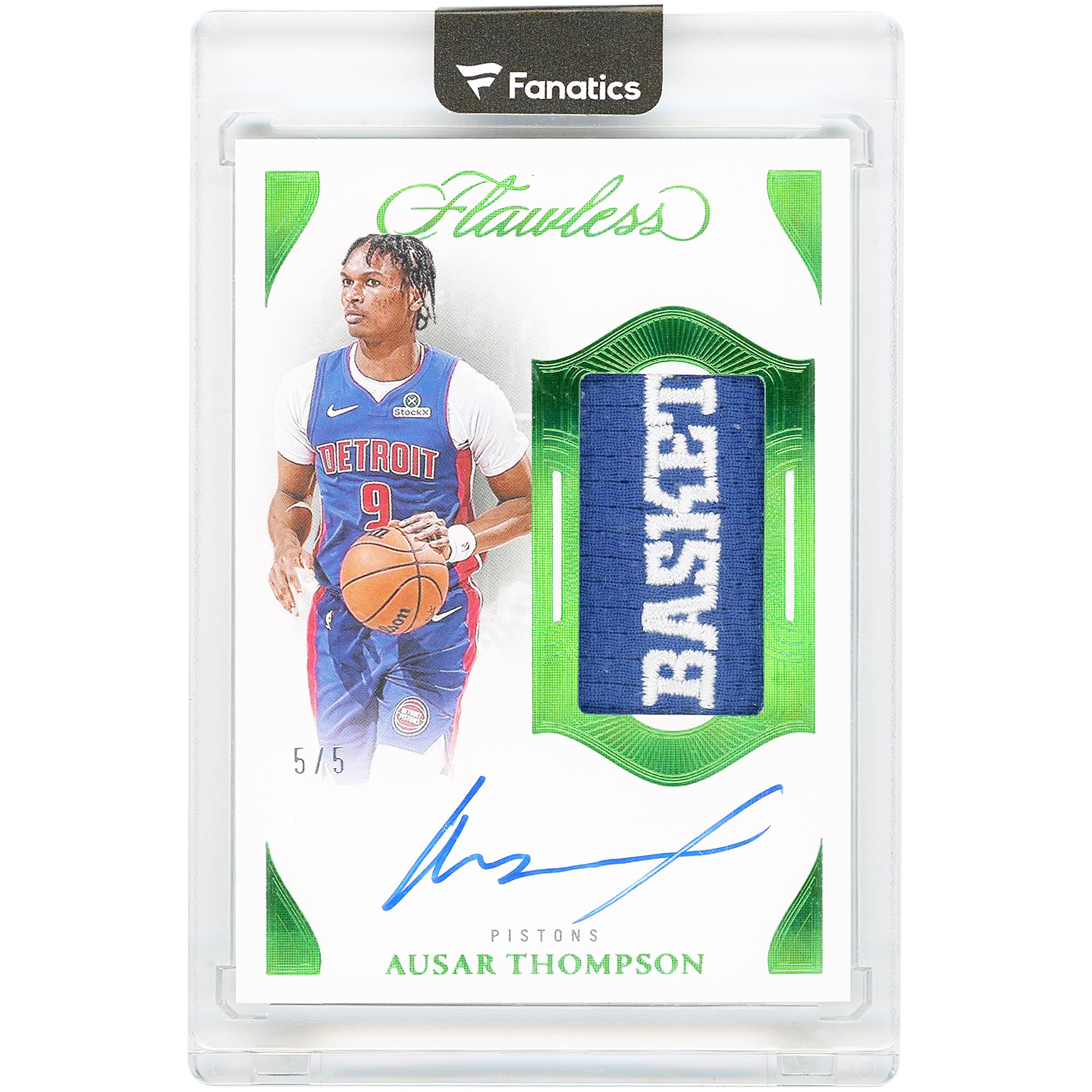 Ausar Thompson Detroit Pistons Autographed 2024-25 Panini Flawless Game Used Logo Relic Emerald #VPA-ATP #5/5 Card