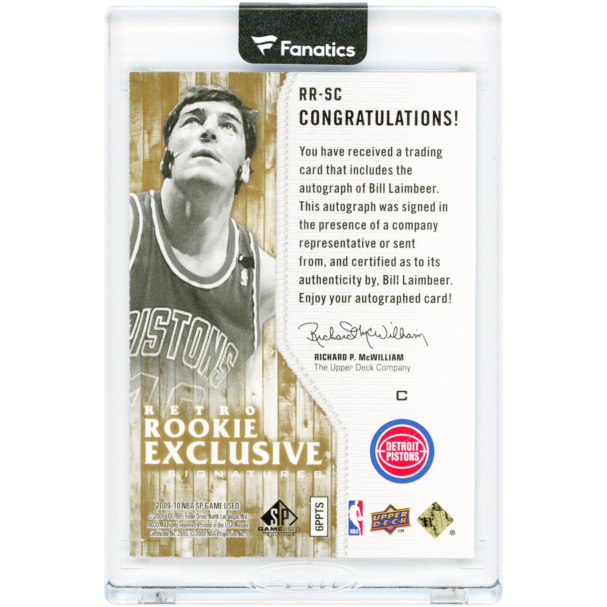 Carte de Bill Laimbeer, Detroit Pistons, autographiée, édition spéciale 2009-10 Upper Deck SP Game Used, signatures exclusives des recrues rétro #RR-SC #169/260