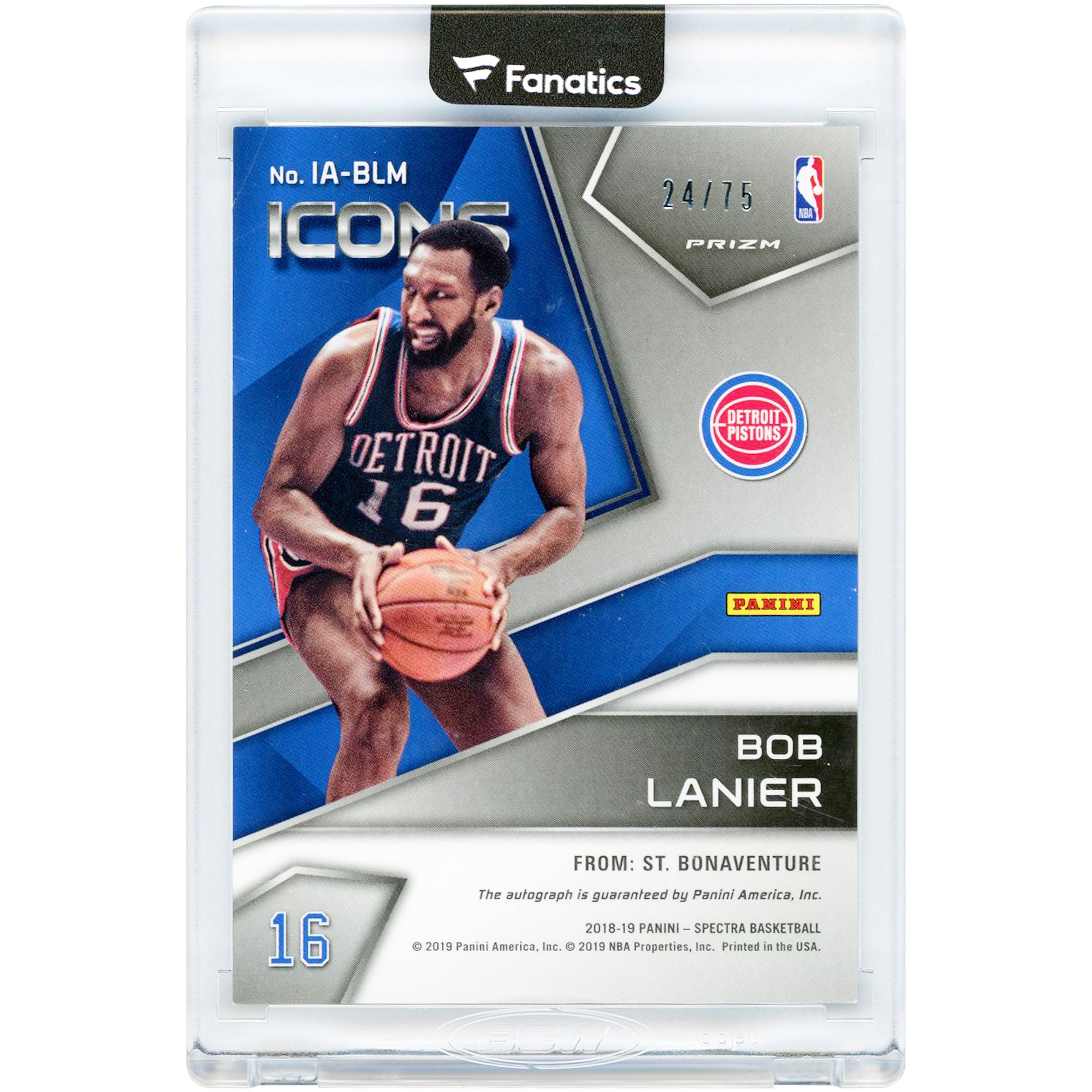 Carte autographiée Bob Lanier des Detroit Pistons 2018-19 Panini Spectra Icons #IA-BLM #24/75