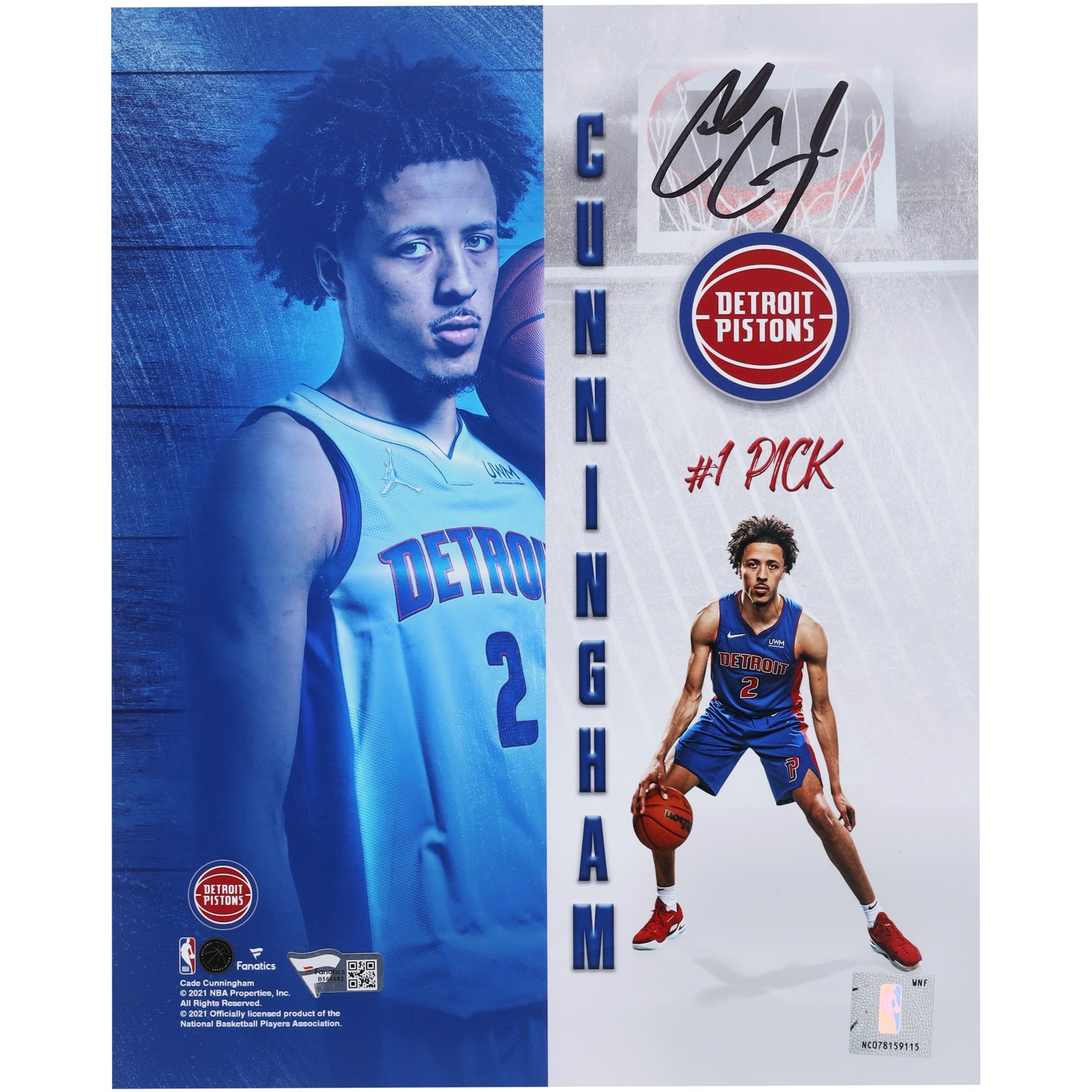 Photographie autographiée de 20,3 x 25,4 cm de Cade Cunningham des Detroit Pistons lors de la draft NBA 2021