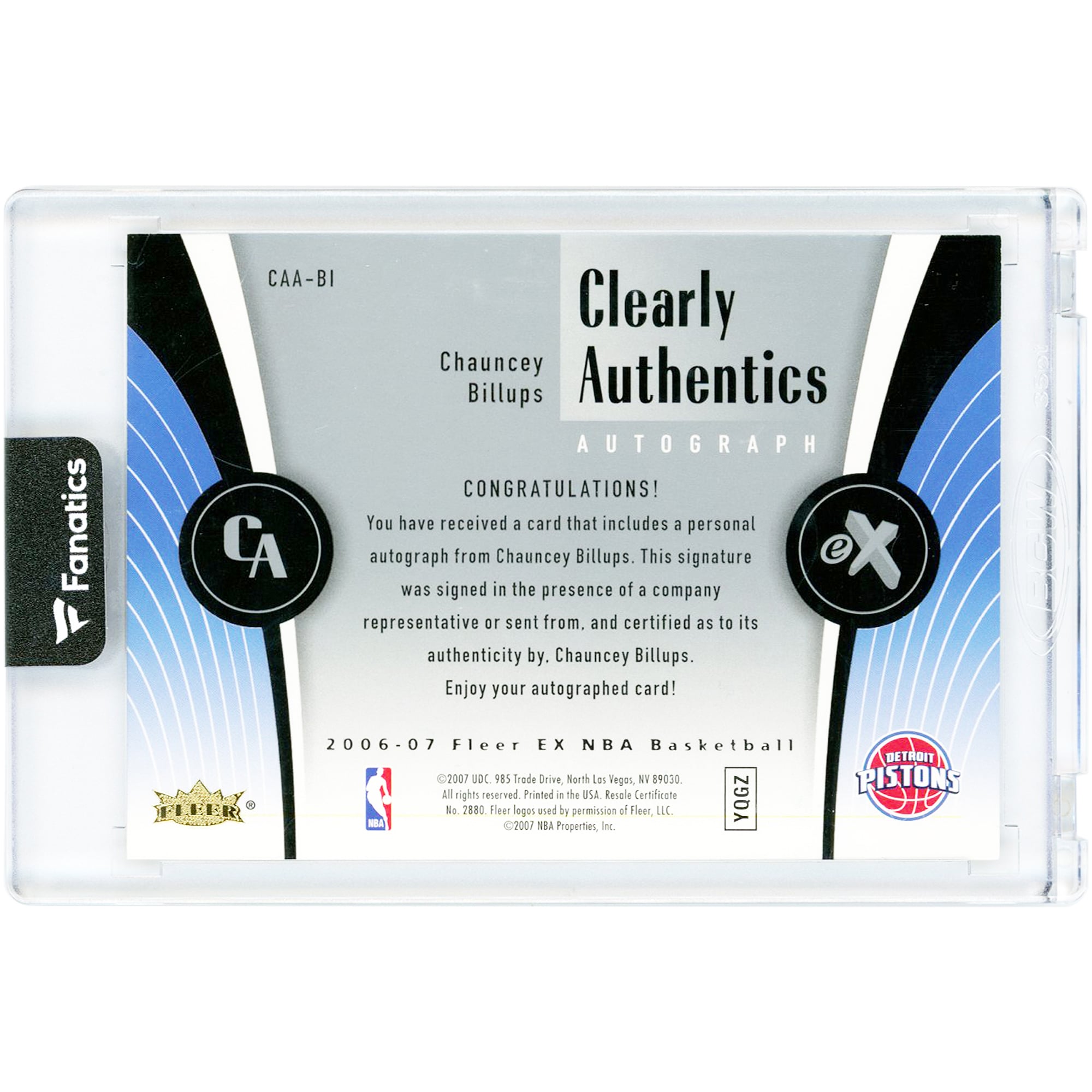 Chauncey Billups Detroit Pistons Autographed 2006-07 Fleer EX Clearly Authentic #CCA-BI Card