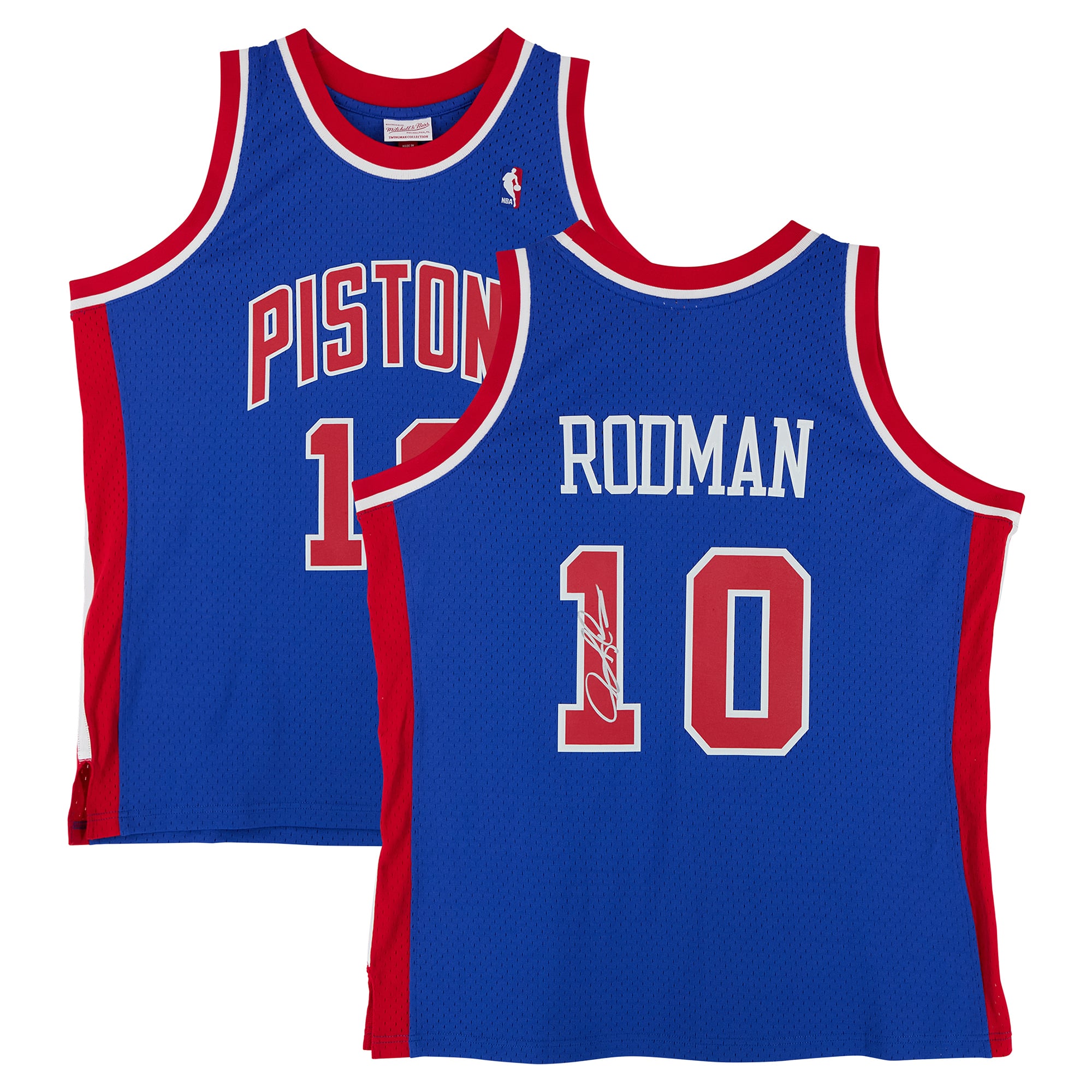 Maillot Swingman bleu Mitchell & Ness 1988 autographié par Dennis Rodman, Detroit Pistons