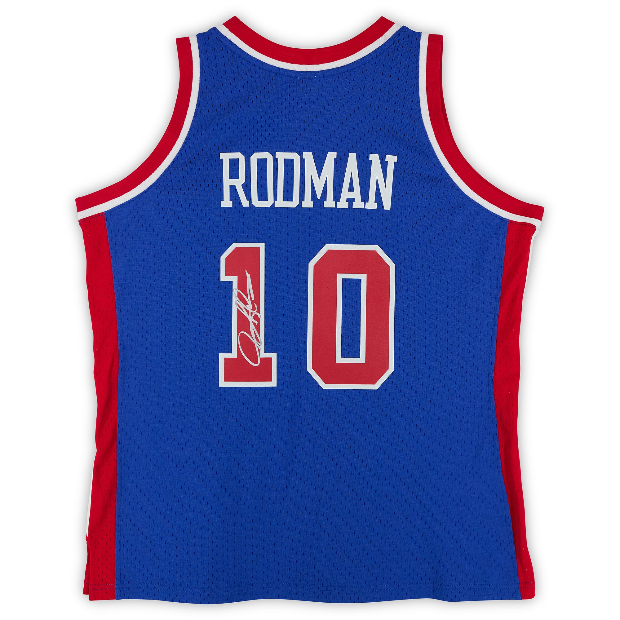Maillot Swingman bleu Mitchell & Ness 1988 autographié par Dennis Rodman, Detroit Pistons