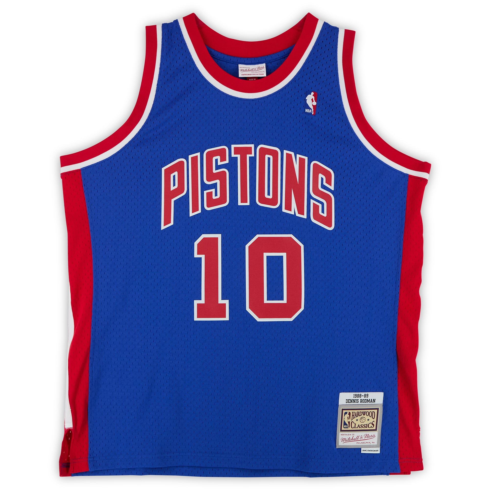 Maillot Swingman bleu Mitchell & Ness 1988 autographié par Dennis Rodman, Detroit Pistons