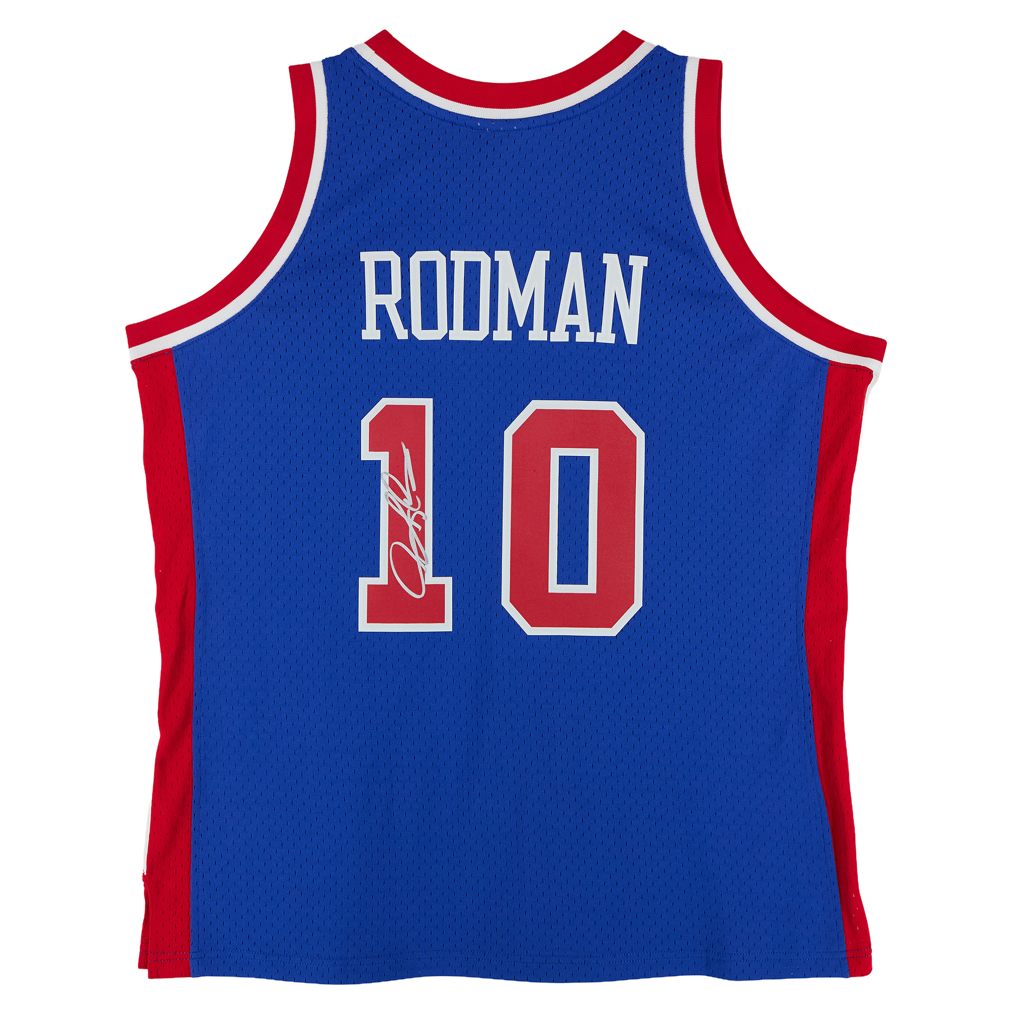Maillot Swingman bleu Mitchell & Ness 1988 autographié par Dennis Rodman, Detroit Pistons