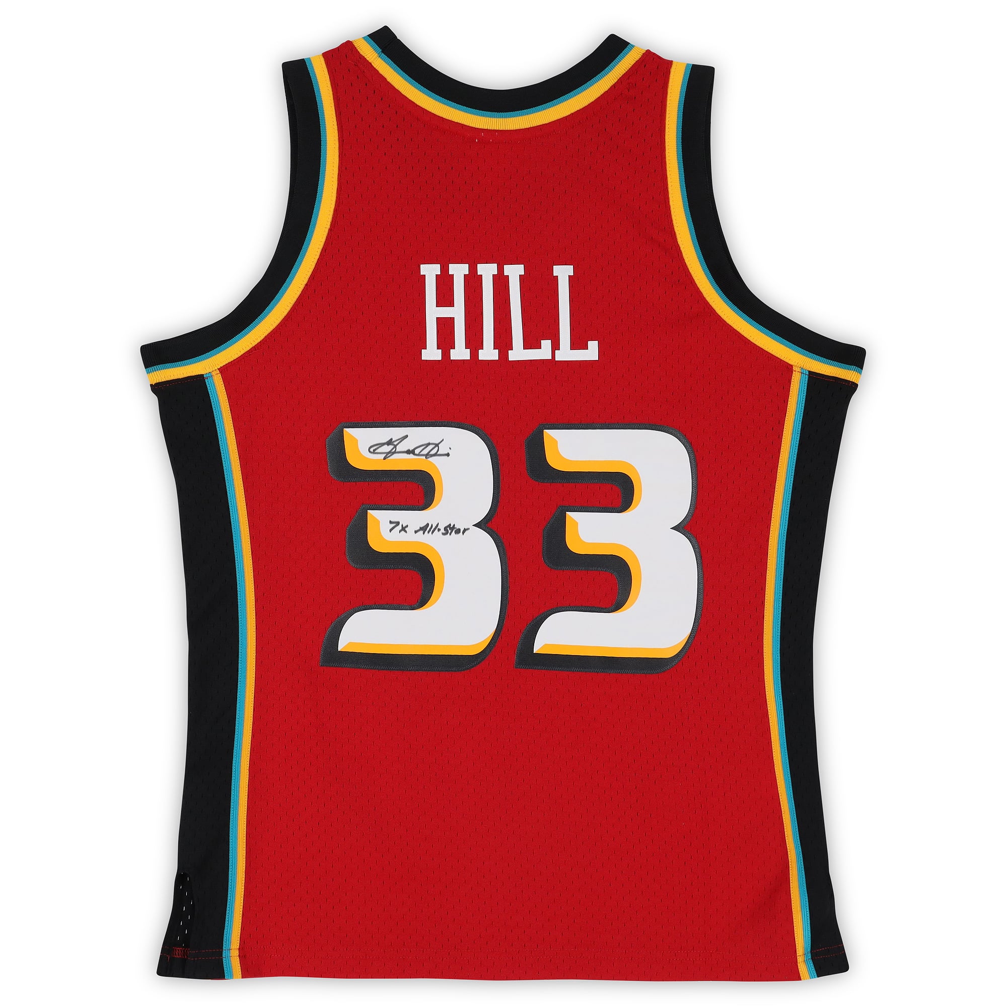 Maillot Swingman rouge Mitchell & Ness 1999-2000 autographié par Grant Hill des Detroit Pistons, avec inscription « 7X ​​All-Star ».