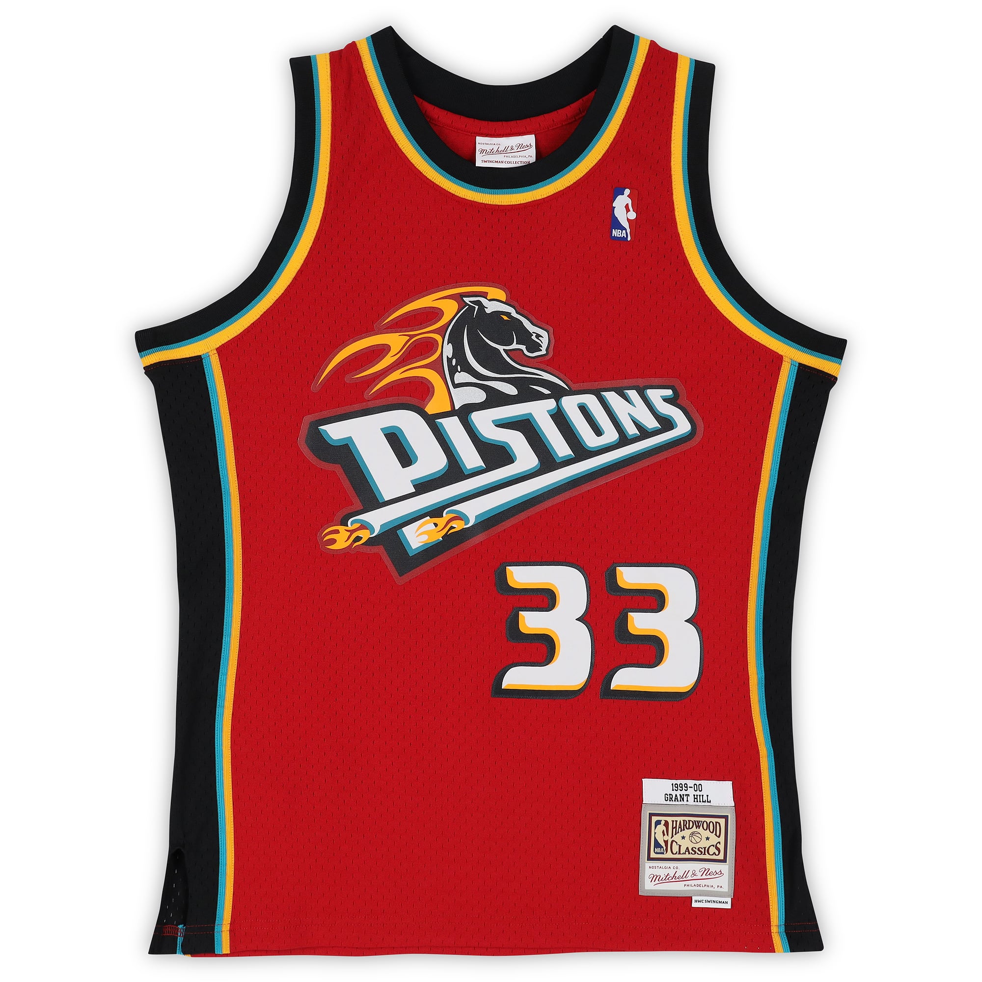 Maillot Swingman rouge Mitchell & Ness 1999-2000 autographié par Grant Hill des Detroit Pistons, avec inscription « 7X ​​All-Star ».