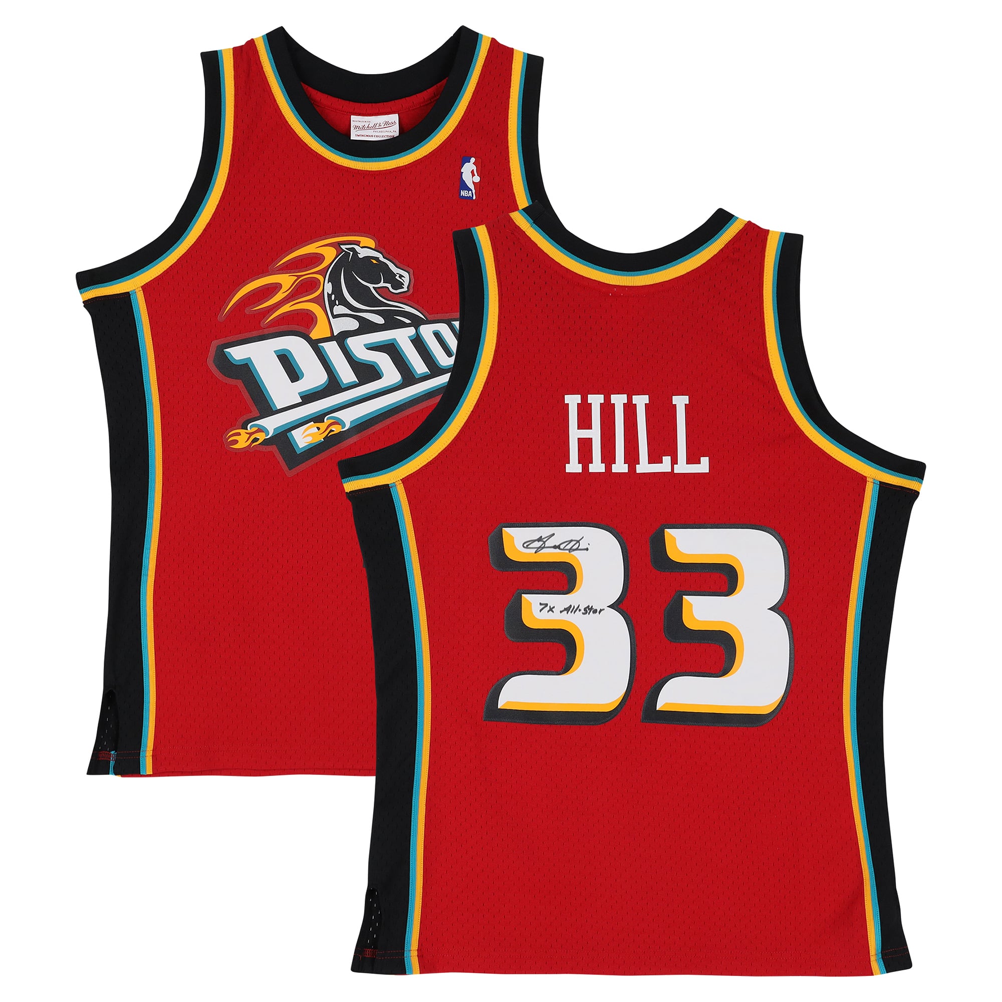 Maillot Swingman rouge Mitchell & Ness 1999-2000 autographié par Grant Hill des Detroit Pistons, avec inscription « 7X ​​All-Star ».
