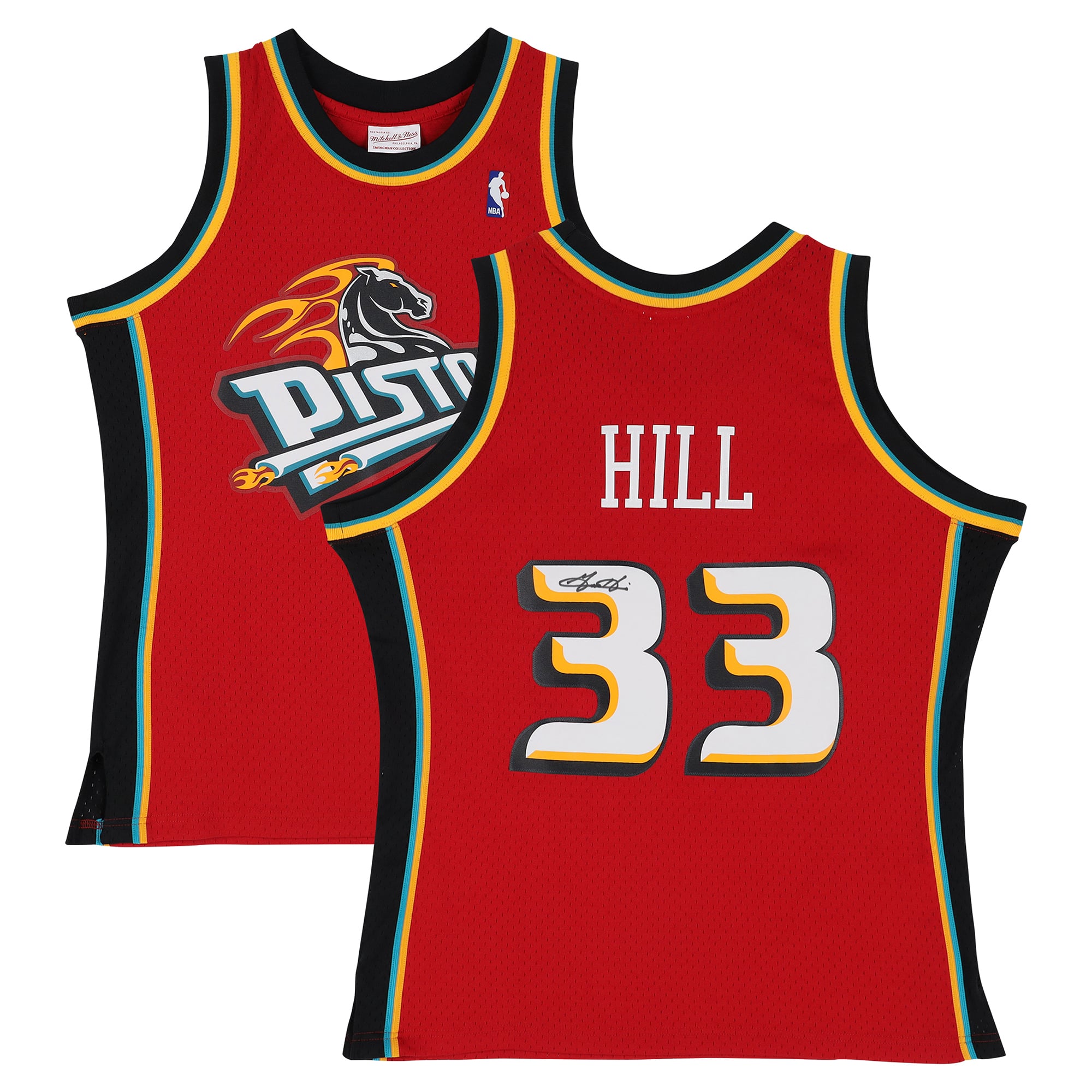 Maillot Swingman rouge Mitchell & Ness 1999-2000 autographié par Grant Hill des Detroit Pistons