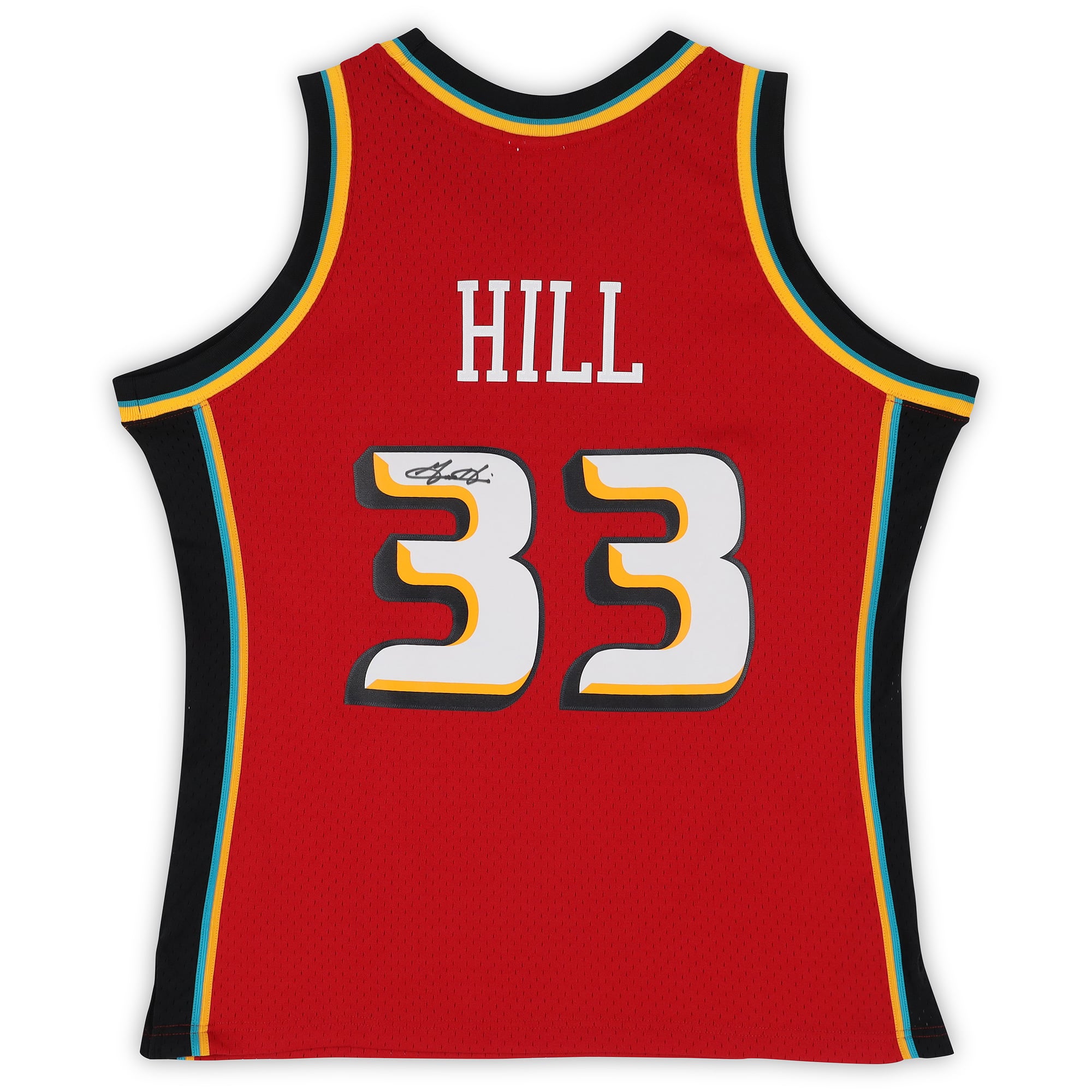 Maillot Swingman rouge Mitchell & Ness 1999-2000 autographié par Grant Hill des Detroit Pistons