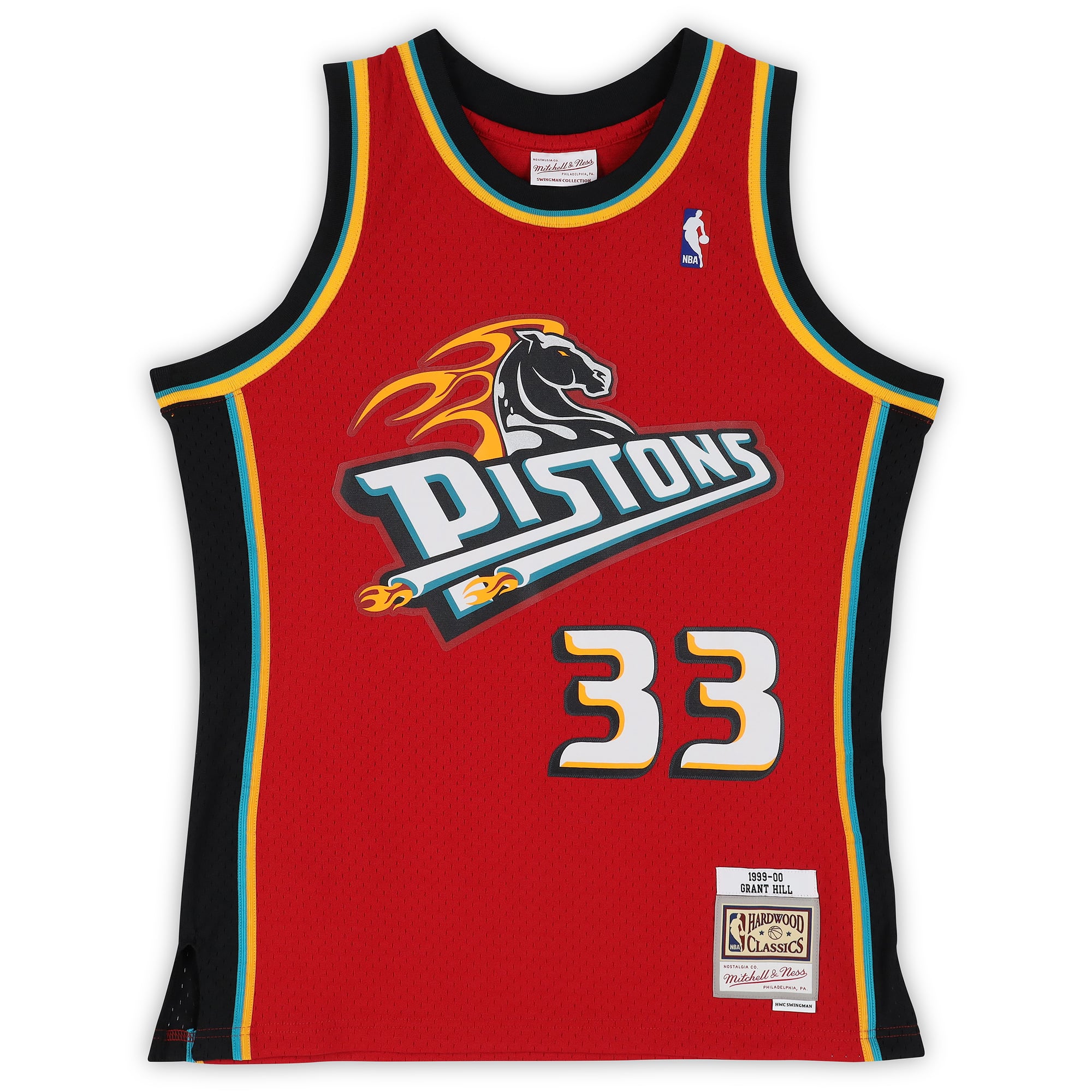 Maillot Swingman rouge Mitchell & Ness 1999-2000 autographié par Grant Hill des Detroit Pistons