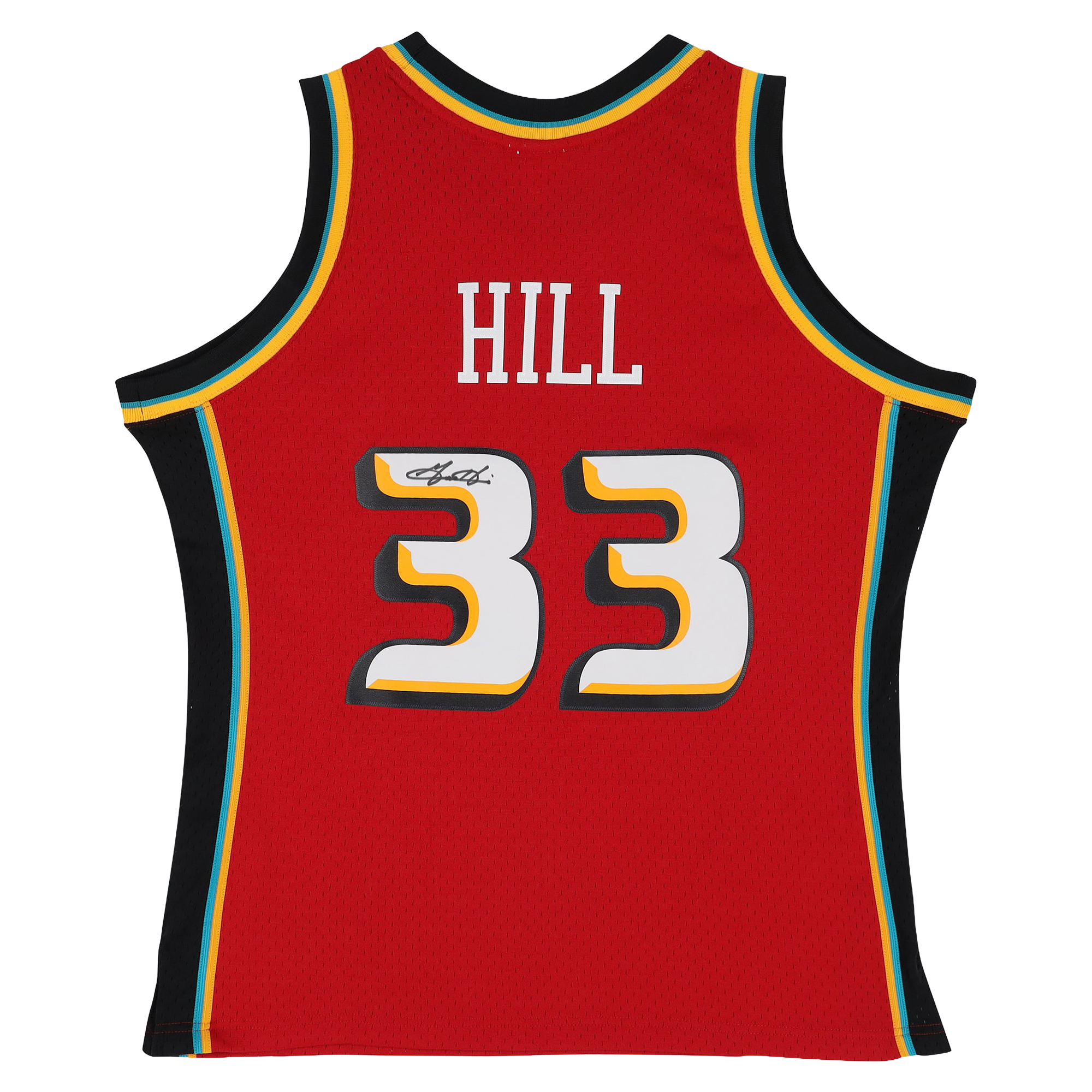 Maillot Swingman rouge Mitchell & Ness 1999-2000 autographié par Grant Hill des Detroit Pistons