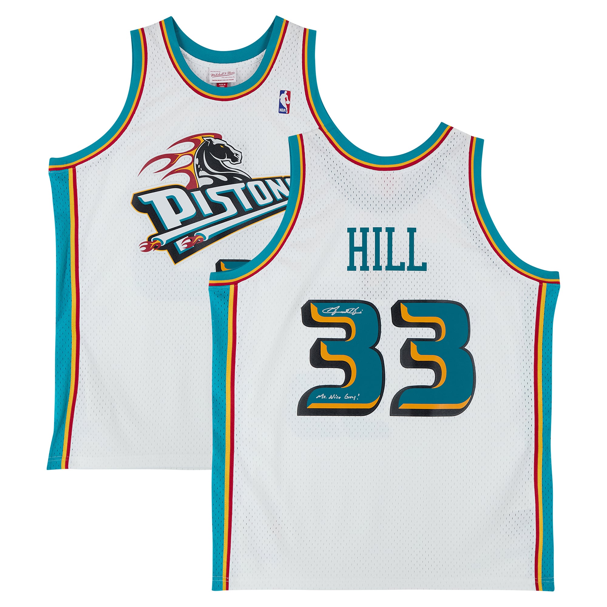 Grant Hill Detroit Pistons Autographed White Mitchell & Ness 1998 Swingman Jersey with "Mr. Nice Guy" Inscription
