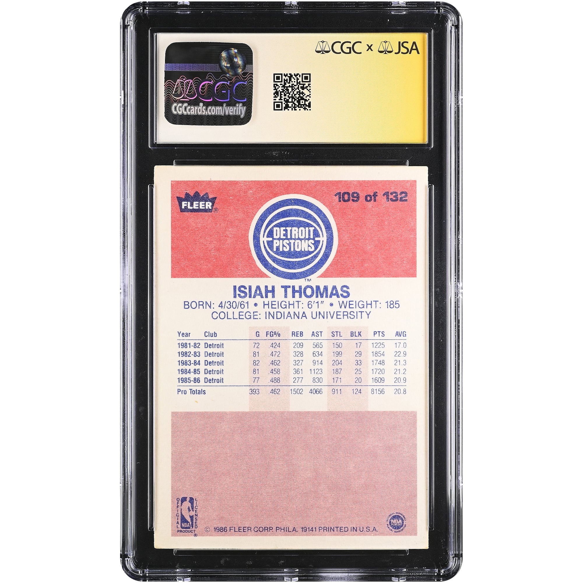 Carte de recrue d'Isiah Thomas (Detroit Pistons) autographiée, saison 1986-87, Fleer n° 109, authentifiée CGC Fanatics Witnessed AUTO 10 avec inscription « HOF 2000 ».
