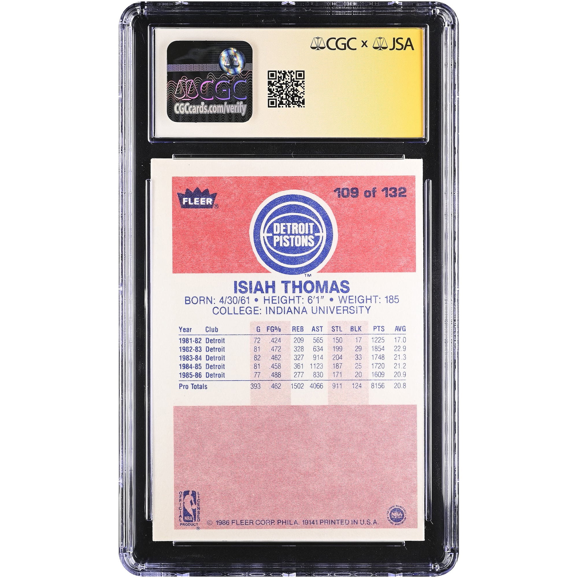 Carte de recrue autographiée d'Isiah Thomas (Detroit Pistons) 1986-87 Fleer n° 109, authentifiée par Fanatics Witnessed (CGC AUTO 10).