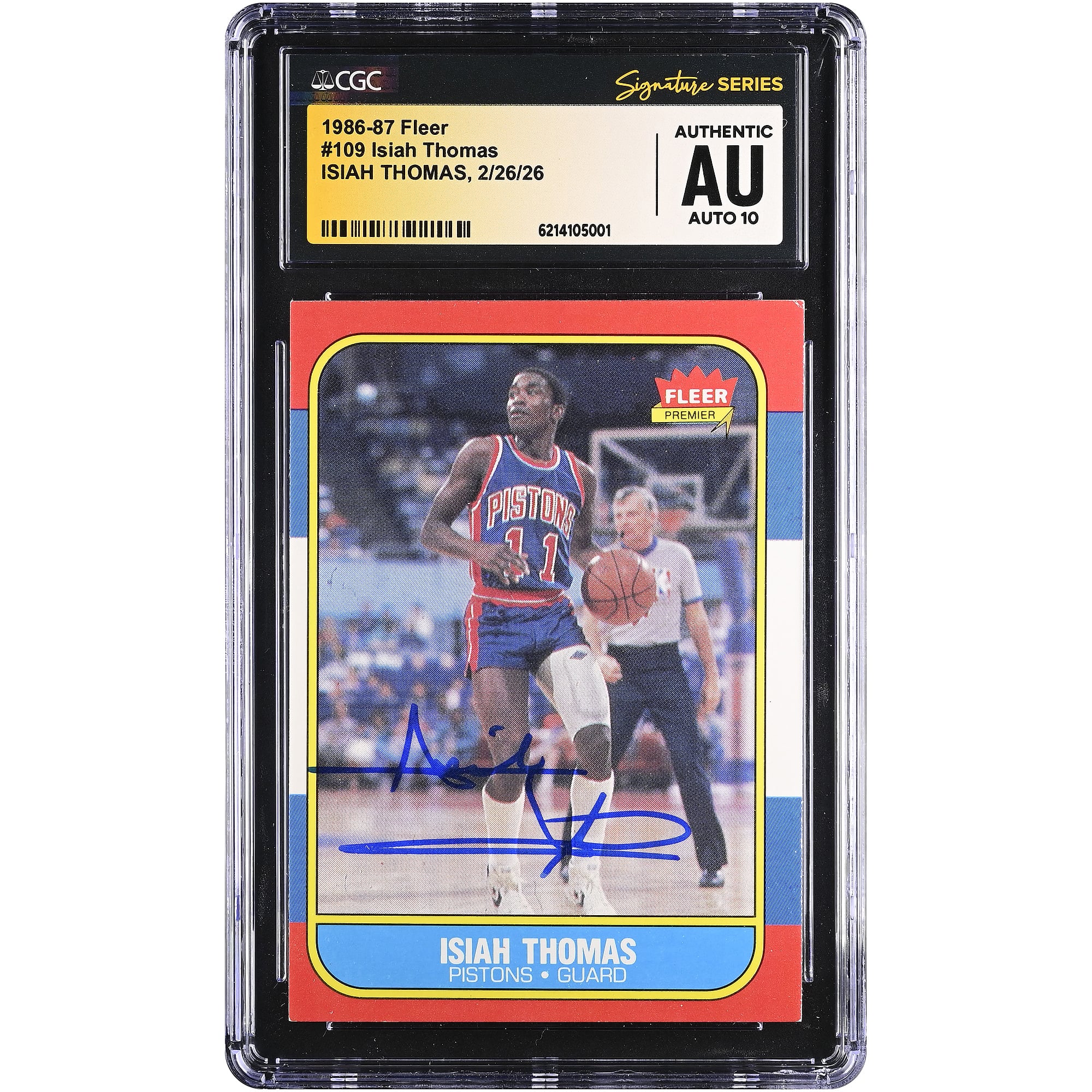 Carte de recrue autographiée d'Isiah Thomas (Detroit Pistons) 1986-87 Fleer n° 109, authentifiée par Fanatics Witnessed (CGC AUTO 10).