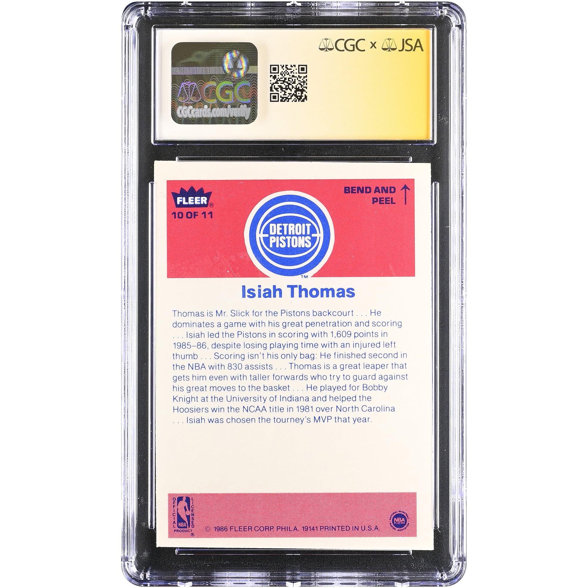 Carte de recrue d'Isiah Thomas (Detroit Pistons) autographiée, saison 1986-87, Fleer Stickers, numéro 10, authentifiée par CGC Fanatics Witnessed, avec inscription « HOF 2000 ».