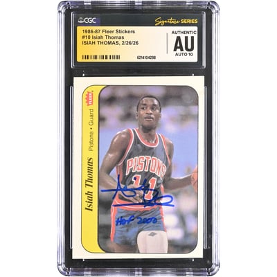 Isiah Thomas Detroit Pistons Autographed 1986-87 Fleer Stickers #10 CGC Fanatics Witnessed Authenticated AUTO 10 Rookie Card with "HOF 2000" Inscription