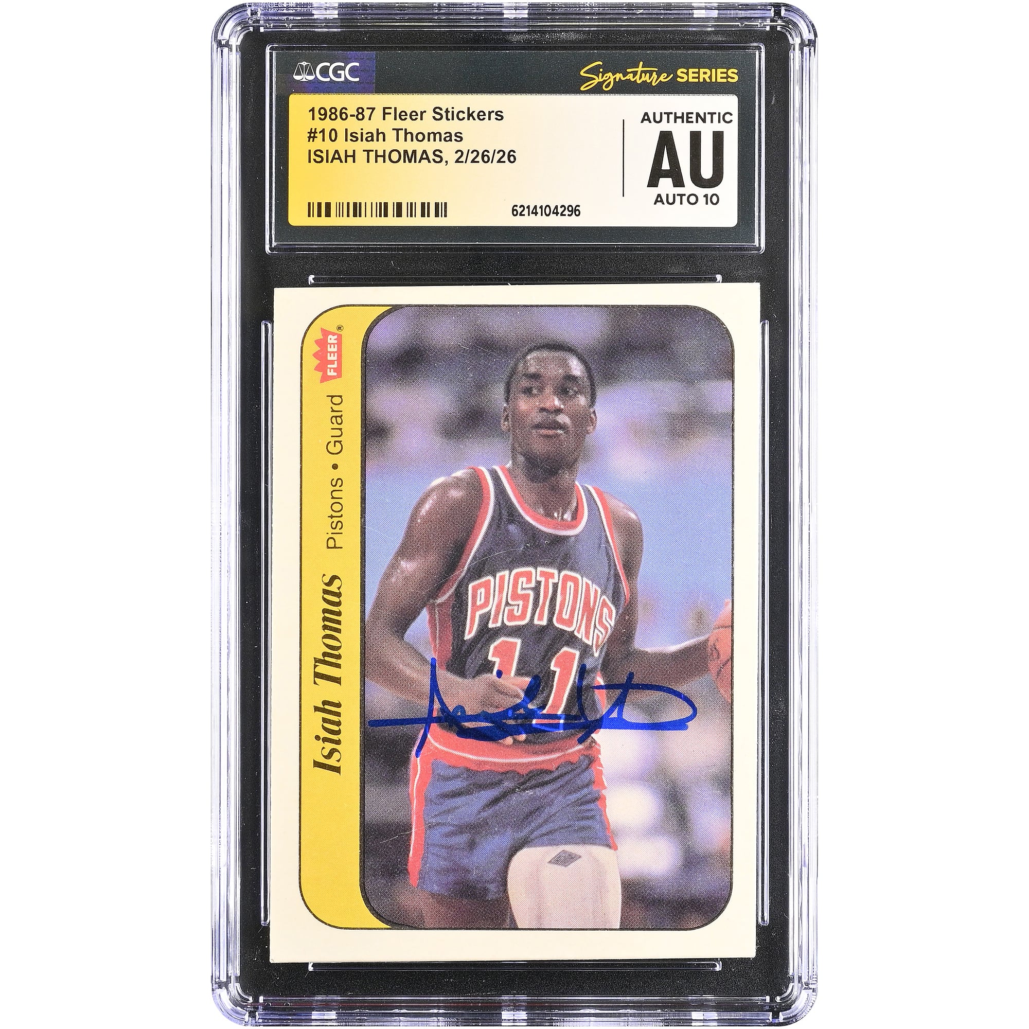 Carte de recrue autographiée d'Isiah Thomas (Detroit Pistons) 1986-87, Fleer Stickers n° 10, authentifiée par Fanatics Witnessed (CGC).