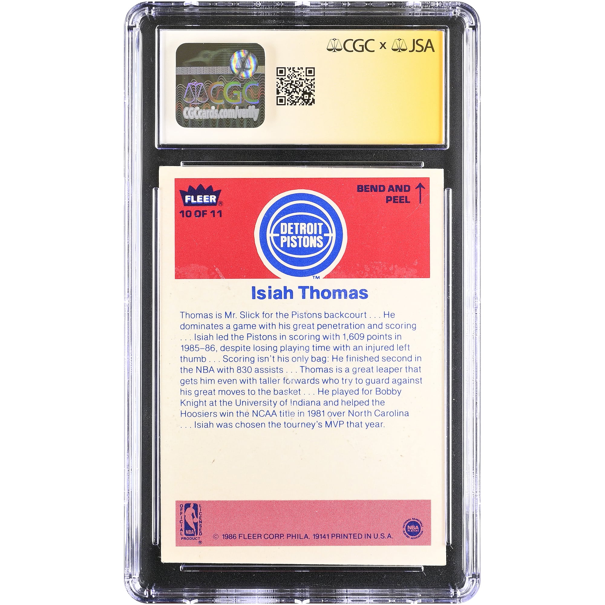 Carte de recrue autographiée d'Isiah Thomas (Detroit Pistons) 1986-87, Fleer Stickers n° 10, authentifiée par Fanatics Witnessed (CGC).
