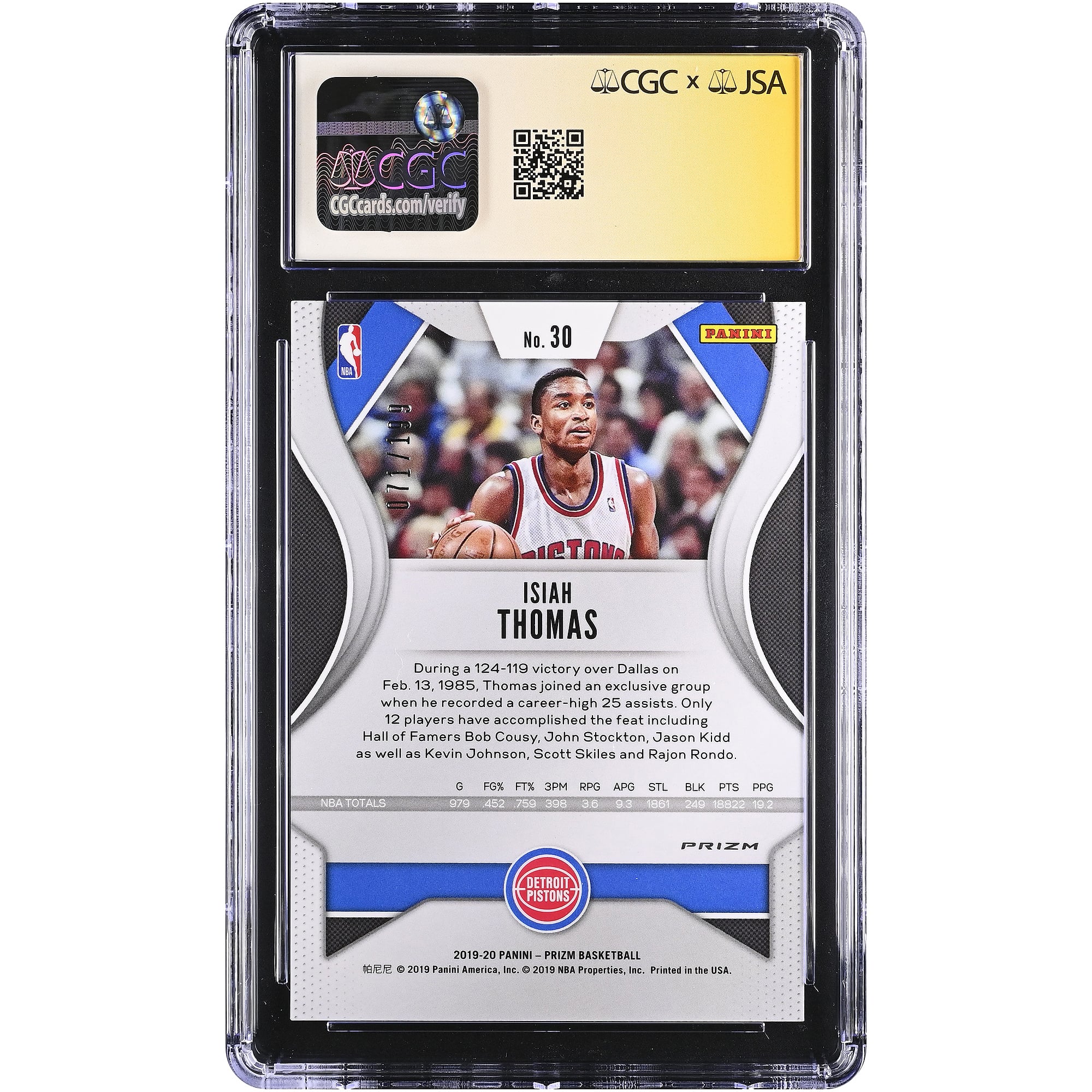 Carte autographiée d'Isiah Thomas (Detroit Pistons) 2019-20 Panini Prizm Blue n° 30/199, certifiée 10/10 par CGC Fanatics Witnessed.