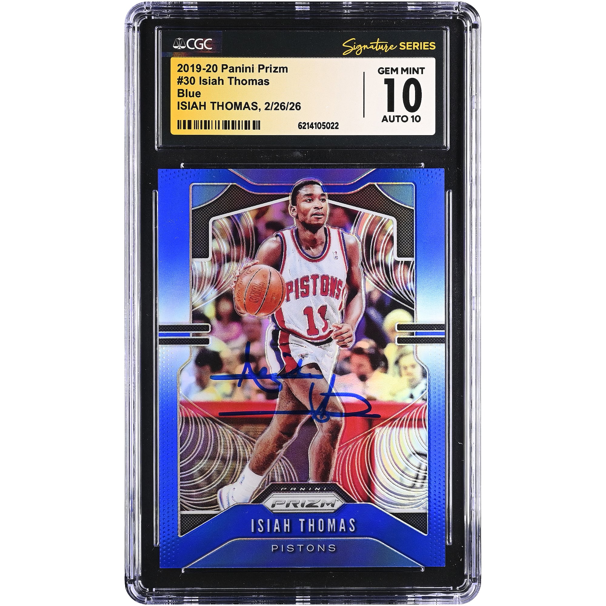 Carte autographiée d'Isiah Thomas (Detroit Pistons) 2019-20 Panini Prizm Blue n° 30/199, certifiée 10/10 par CGC Fanatics Witnessed.