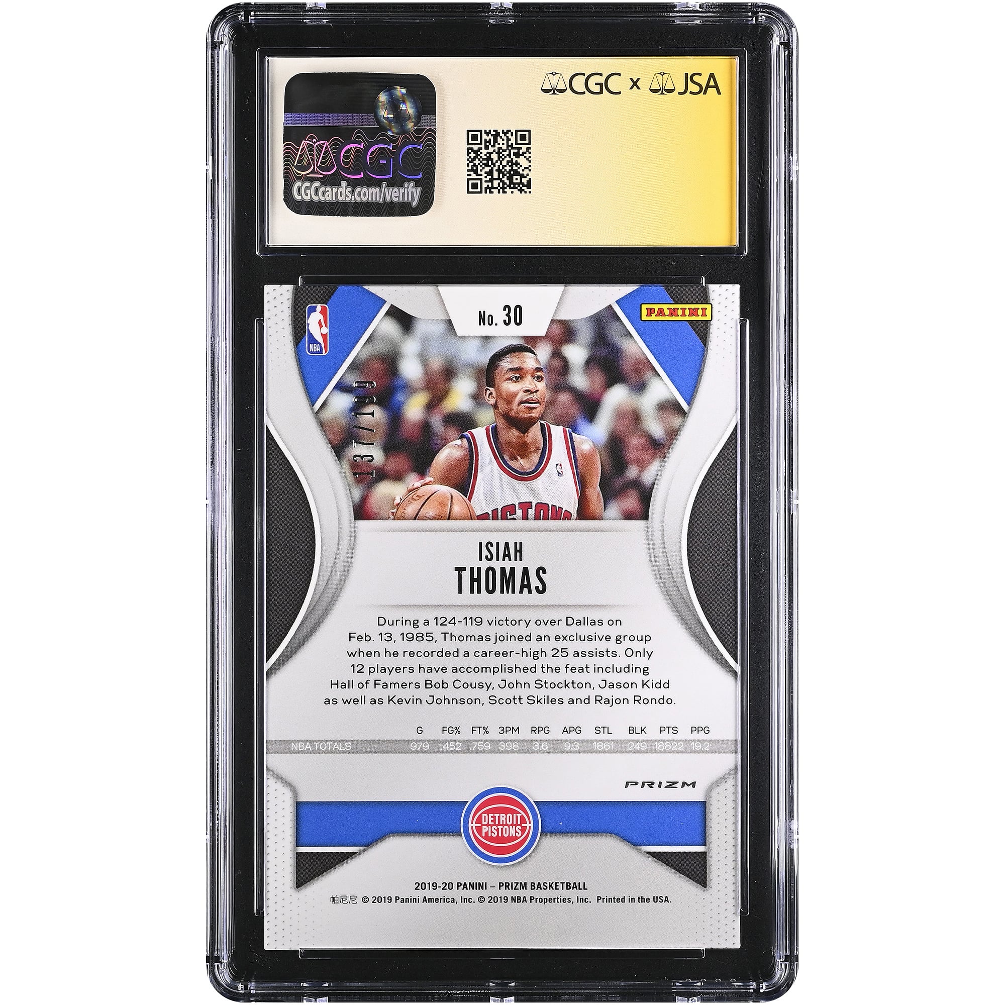 Carte autographiée d'Isiah Thomas (Detroit Pistons) 2019-20 Panini Prizm Blue n° 30/199, authentifiée par CGC Fanatics Witnessed (note 9/10).