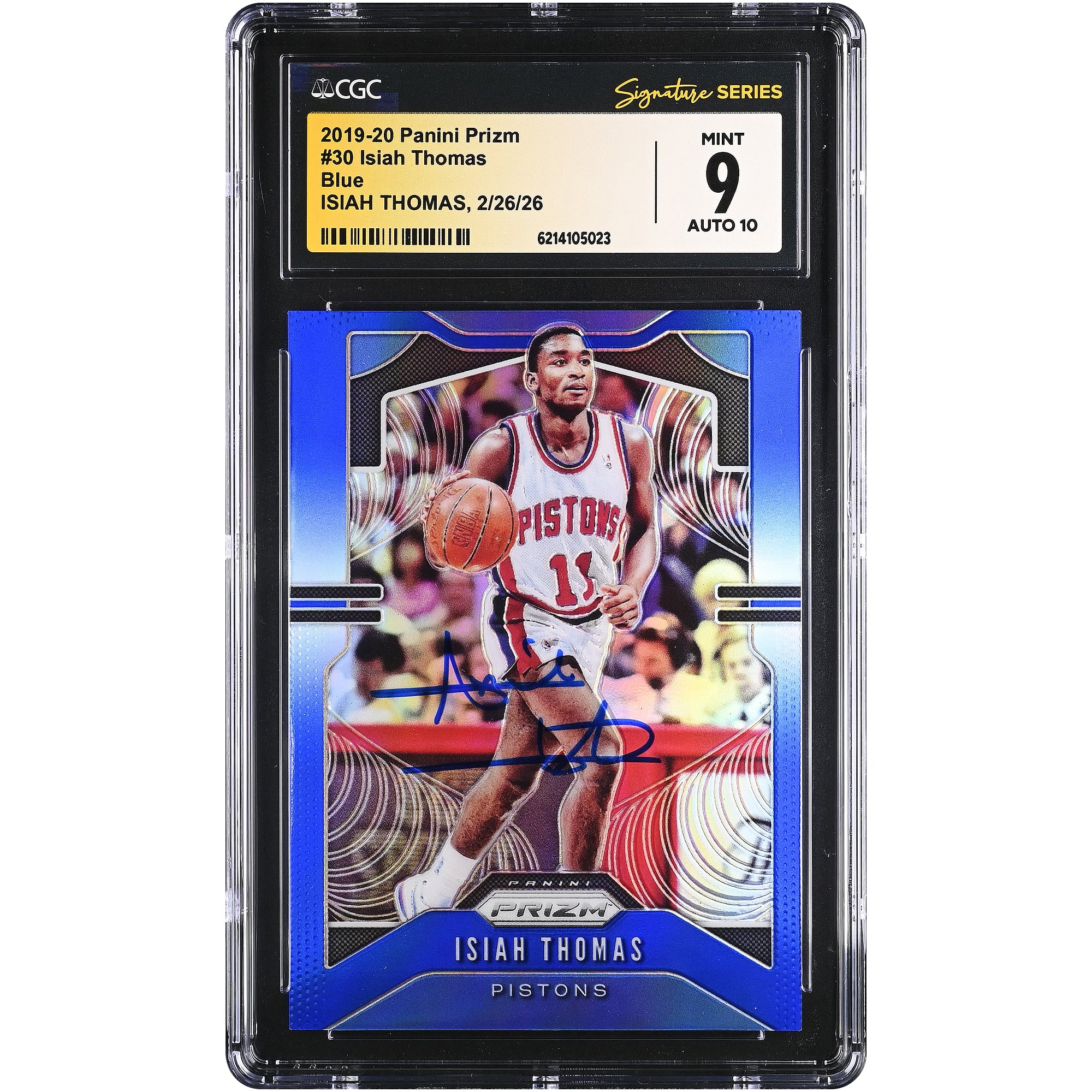 Carte autographiée d'Isiah Thomas (Detroit Pistons) 2019-20 Panini Prizm Blue n° 30/199, authentifiée par CGC Fanatics Witnessed (note 9/10).