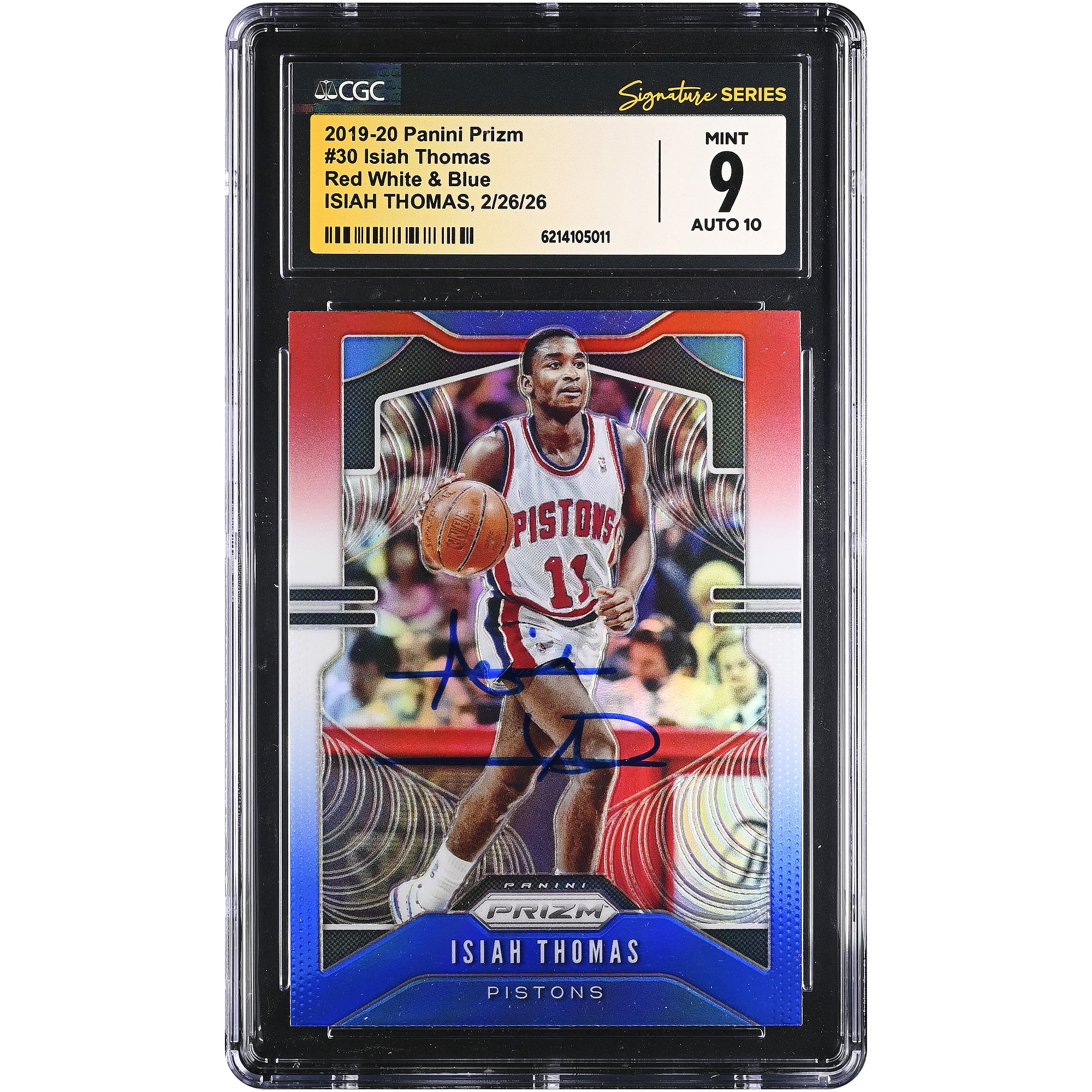 Carte autographiée d'Isiah Thomas (Detroit Pistons) 2019-20 Panini Prizm Rouge, Blanc et Bleu n° 30