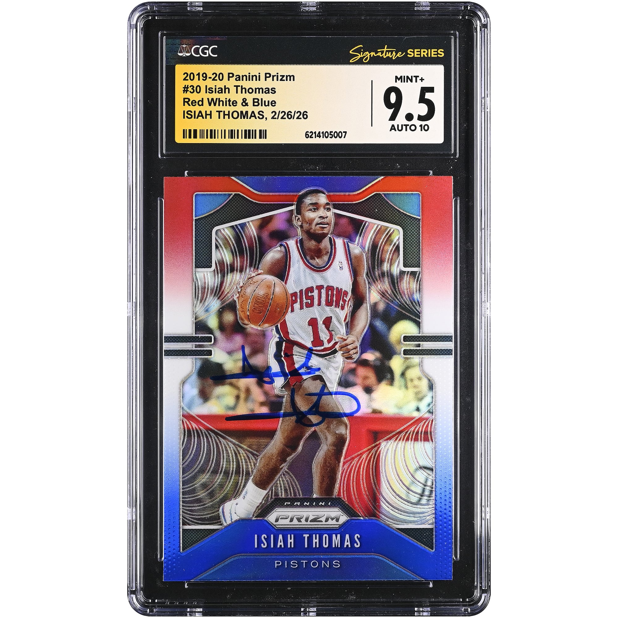 Carte autographiée d'Isiah Thomas (Detroit Pistons) 2019-20 Panini Prizm Rouge, Blanc et Bleu n° 30, authentifiée par CGC Fanatics Witnessed (note 9,5/10).