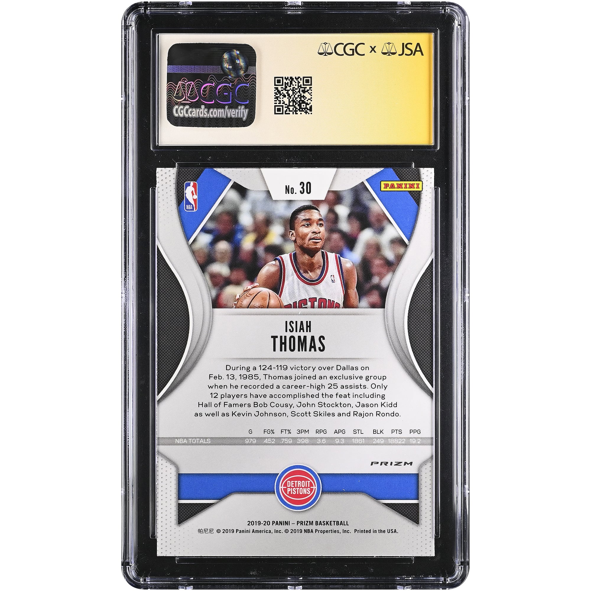 Carte autographiée d'Isiah Thomas (Detroit Pistons) 2019-20 Panini Prizm Rouge, Blanc et Bleu n° 30, authentifiée par CGC Fanatics Witnessed (note 9,5/10).