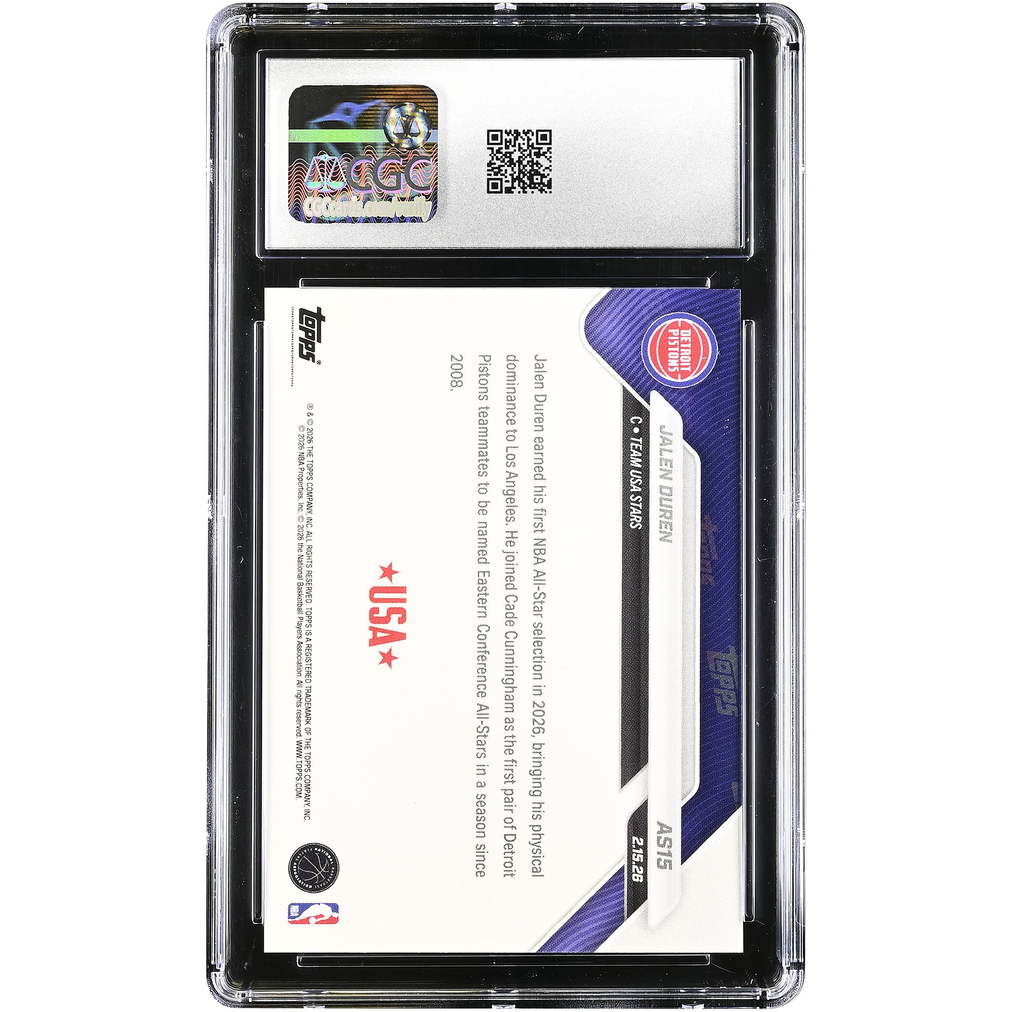Carte Jalen Duren Detroit Pistons 2025-26 Topps Now All-Star Game #AS15 authentifiée CGC 9.5