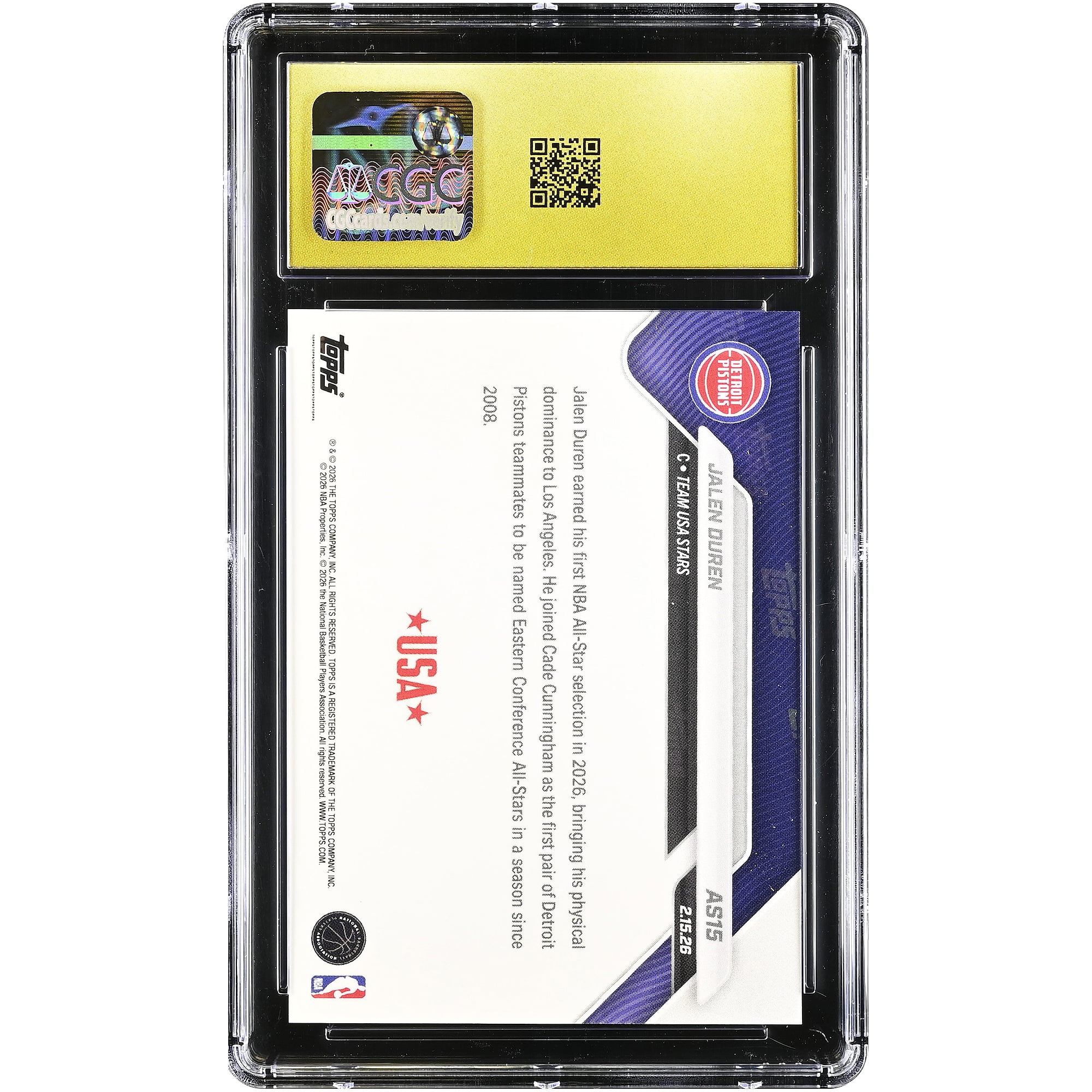 Jalen Duren Detroit Pistons 2025-26 Topps Now All-Star Game #AS15 CGC Authenticated PRISTINE 10 Card
